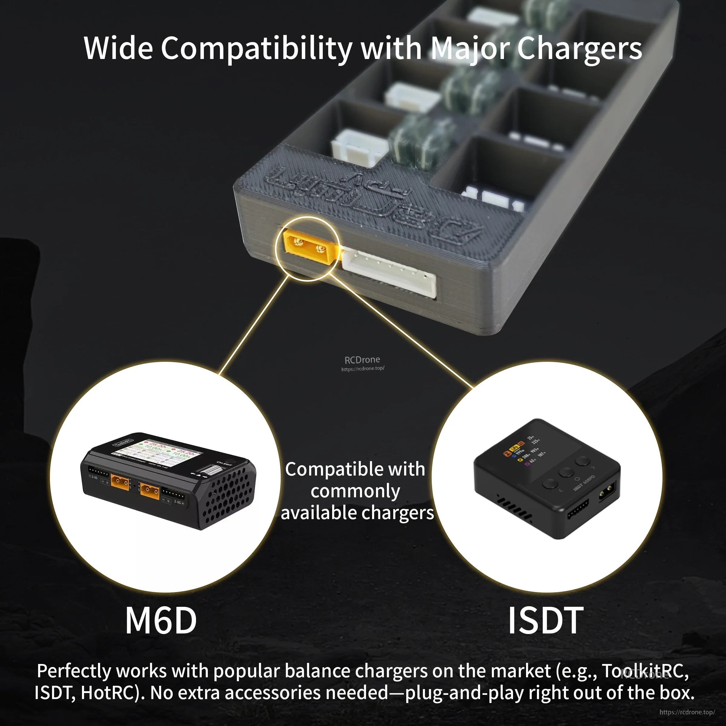 XT30 input on the OneLink board with compatibility callout for common balance chargers like ToolkitRC and ISDT