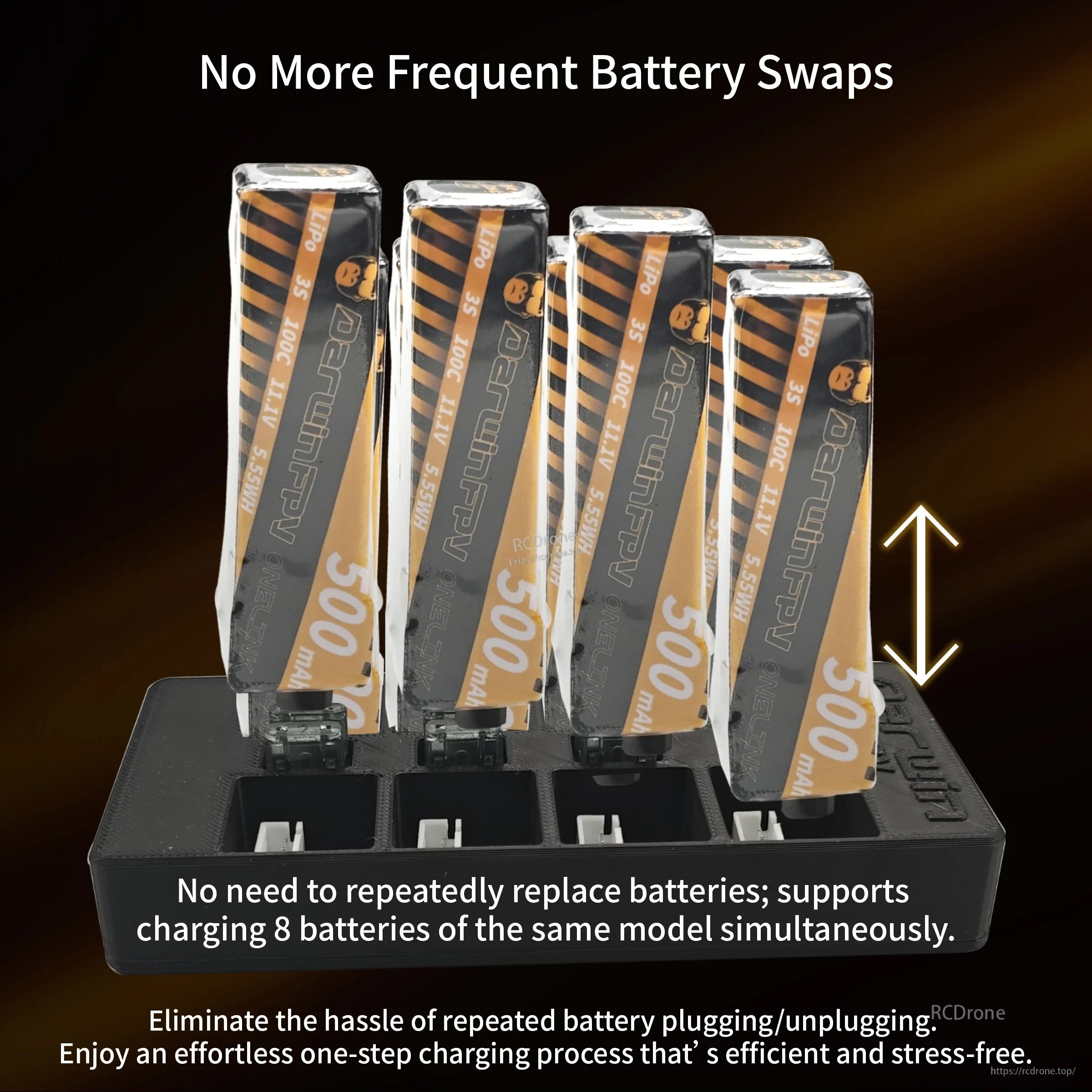 Eight batteries connected to the OneLink parallel charging board to cut down repeated plugging and unplugging