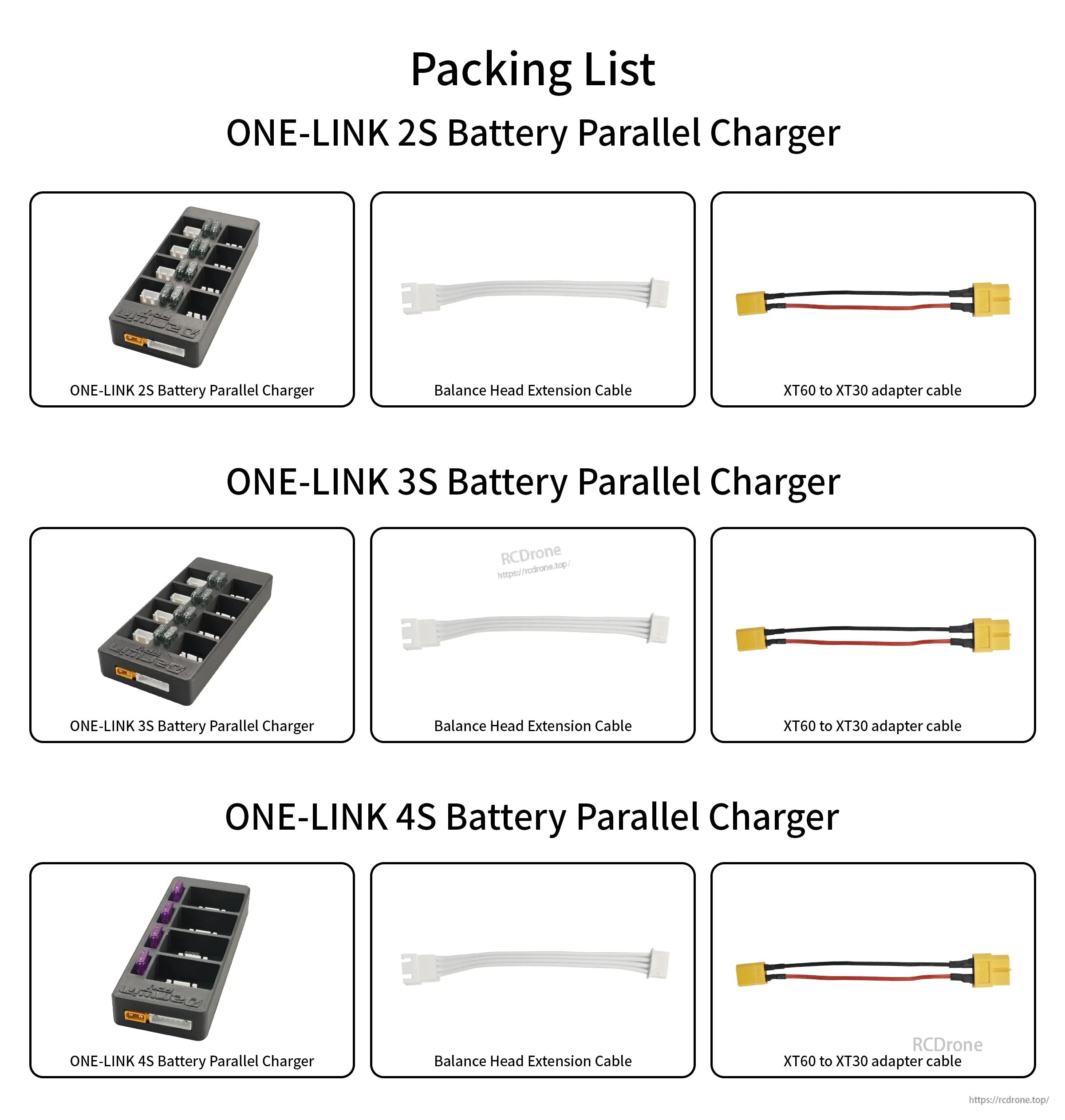 Packing list for OneLink 2S/3S/4S parallel charger kit with board, balance extension cable, and XT60 to XT30 adapter