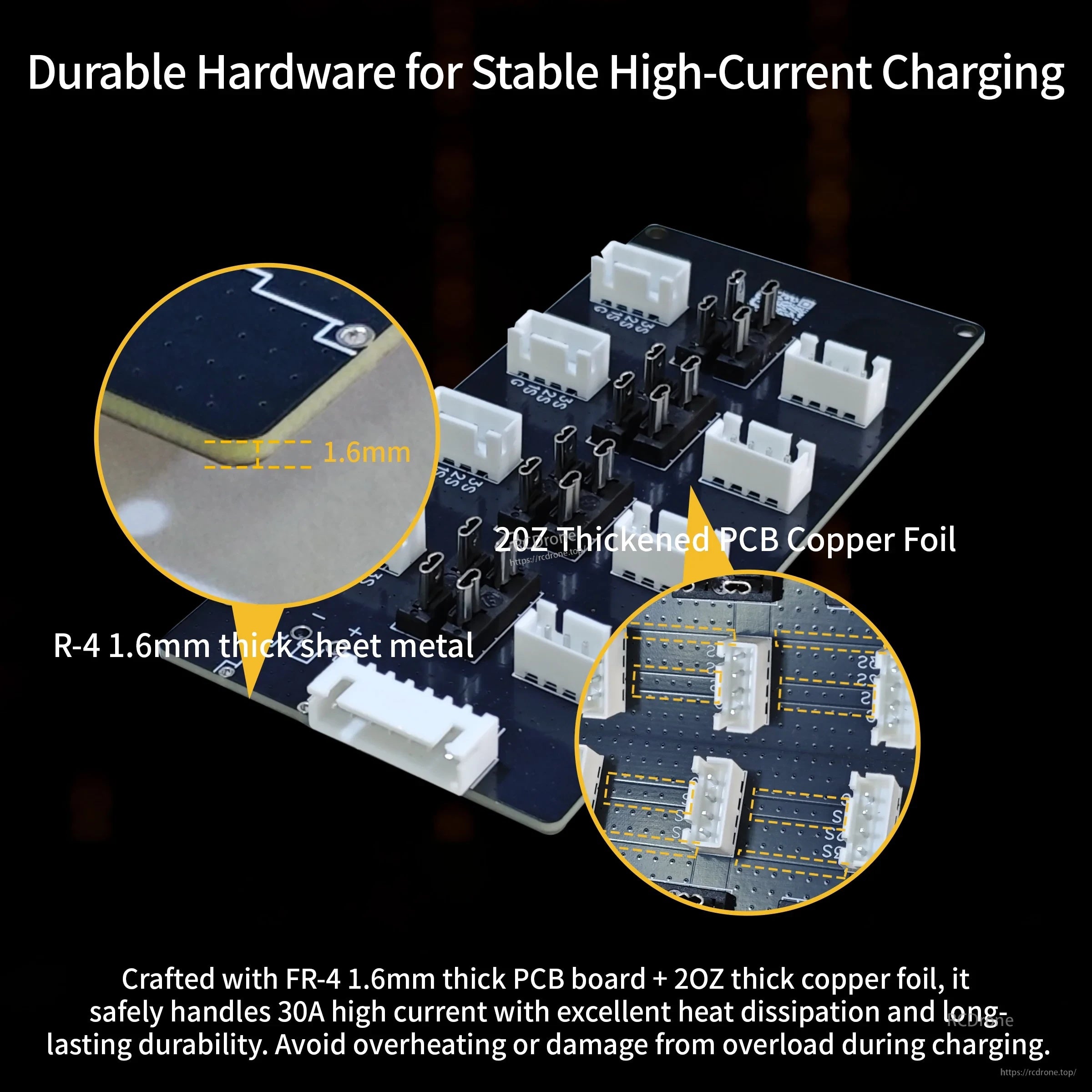 FR-4 1.6mm PCB and 2oz copper details for stable high-current performance on the charging board