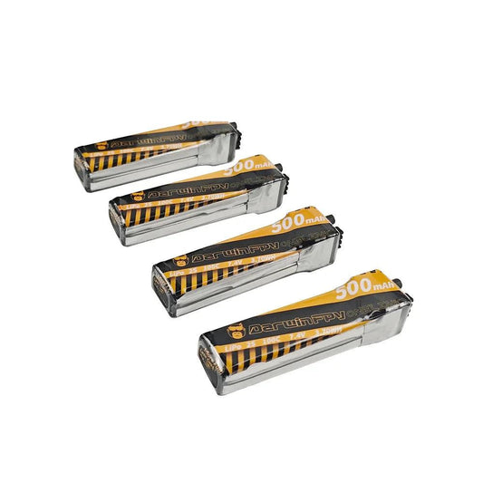 DarwinFPV OneLink 2S 500mAh LiPo Battery pack set, four batteries on white background