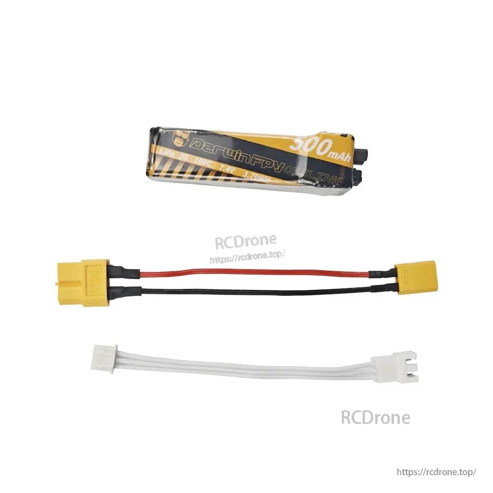 Battery with included adapter cables: yellow XT30 pigtail and white balance lead