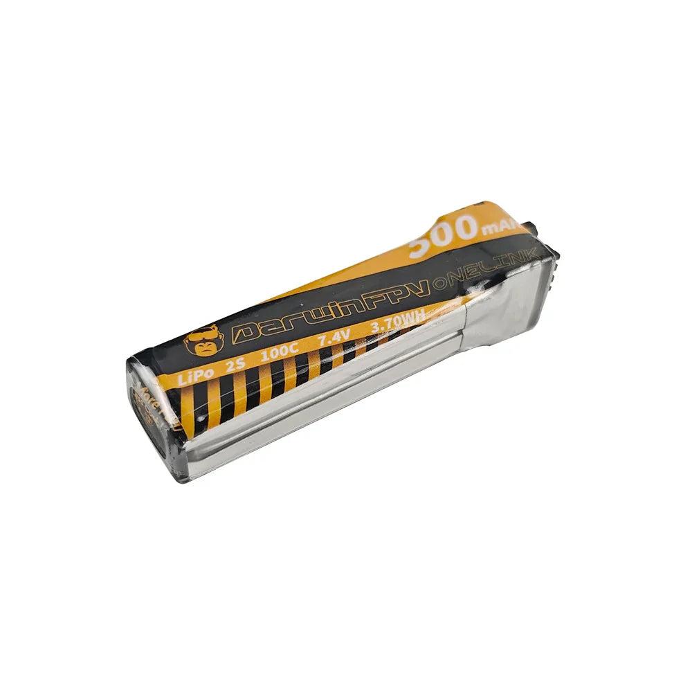 DarwinFPV OneLink 2S 500mAh LiPo battery close-up showing branding and capacity on wrap