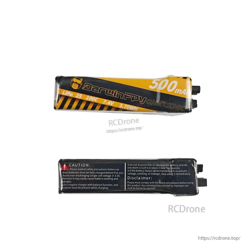 LiPo battery shown with safety warning label text strip (caution and disclaimer)