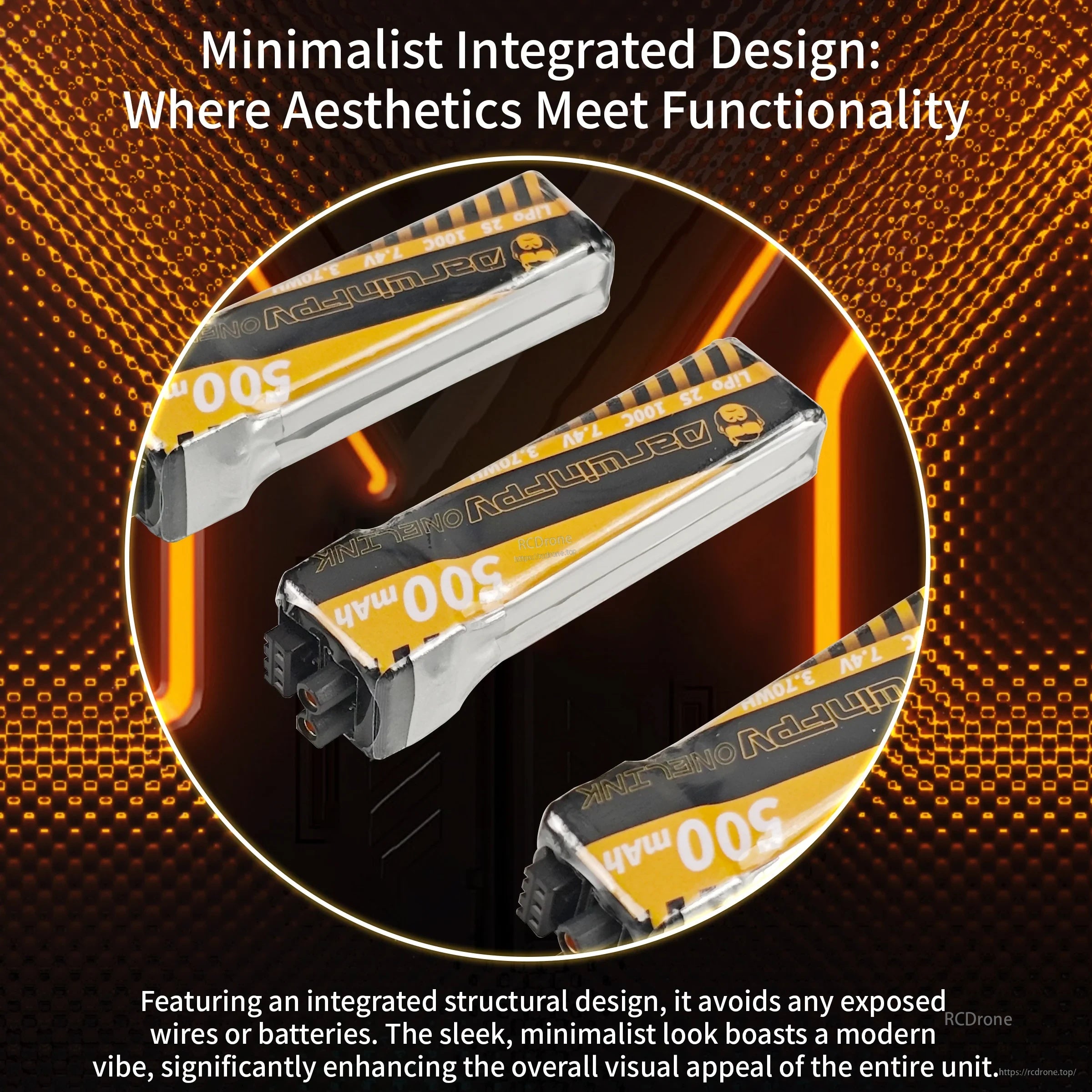 DarwinFPV OneLink 2S 500mAh LiPo Battery with integrated minimalist layout and enclosed wiring