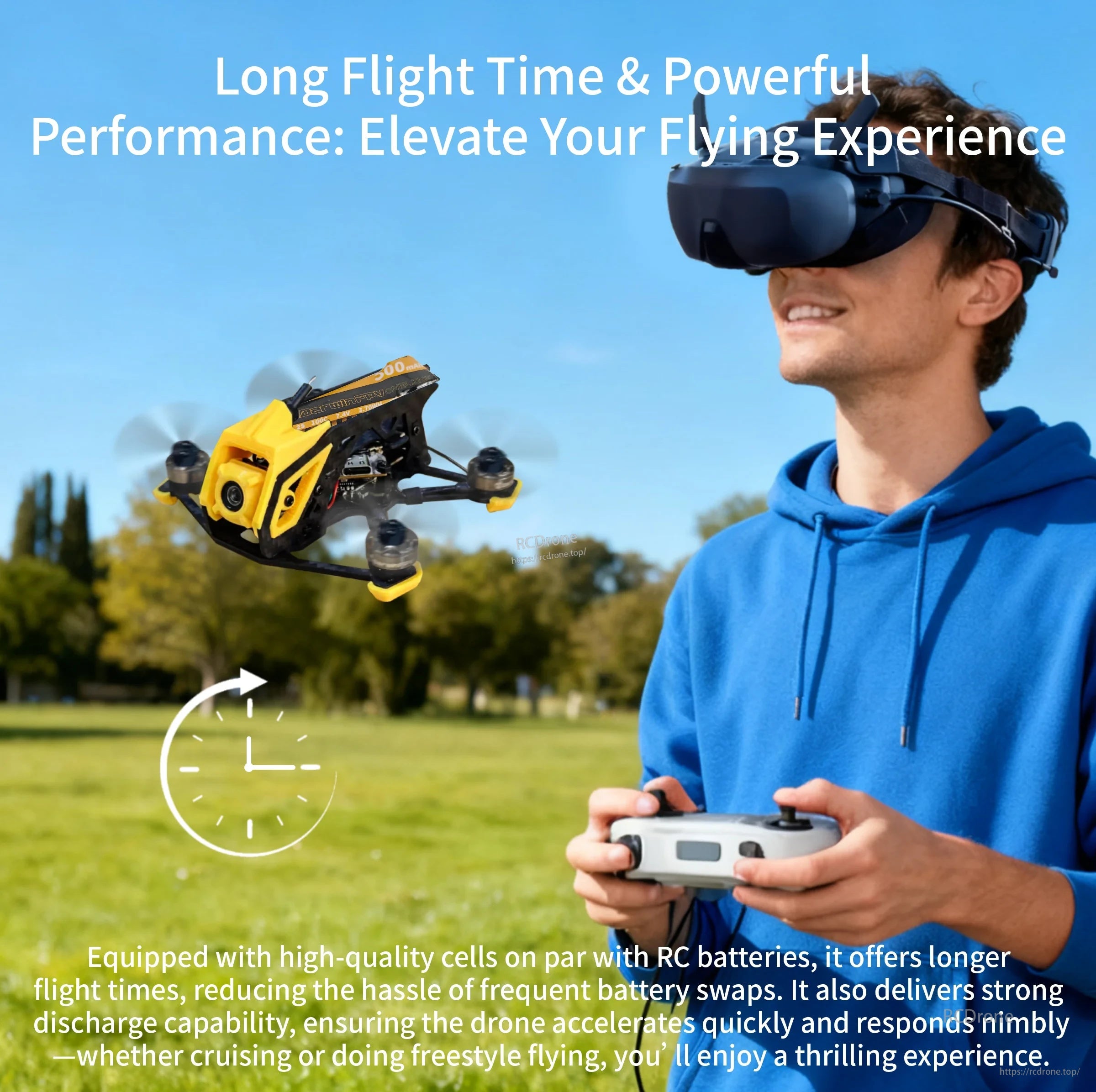 FPV pilot flying a quad outdoors, highlighting long flight time and strong power delivery for freestyle use