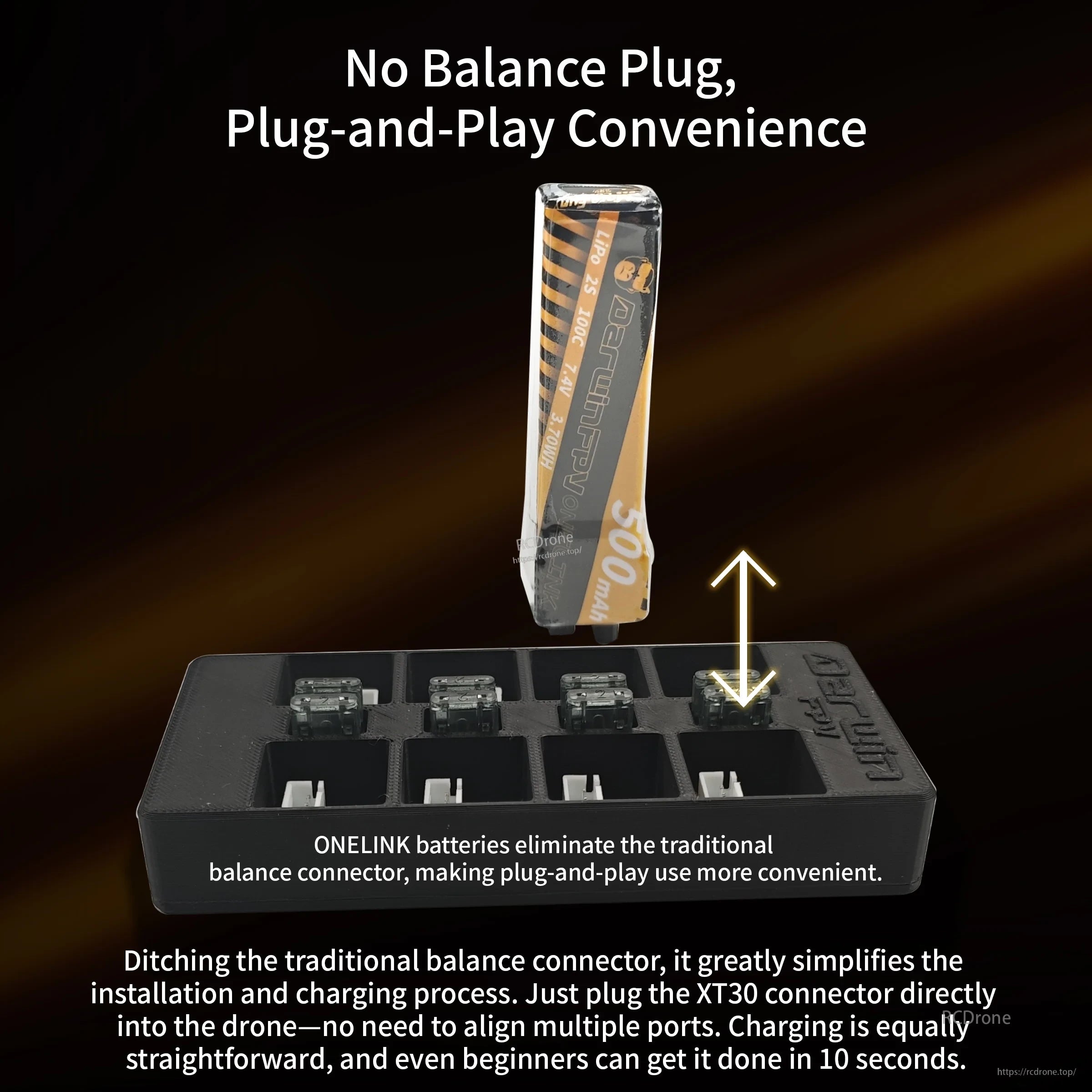 OneLink battery plug-and-play design that removes the separate balance plug for simpler installs
