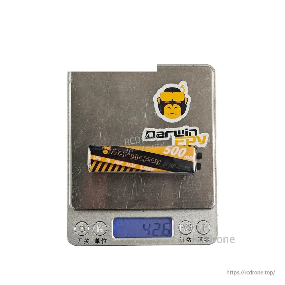 DarwinFPV OneLink 500mAh battery on digital scale display reading 42.6