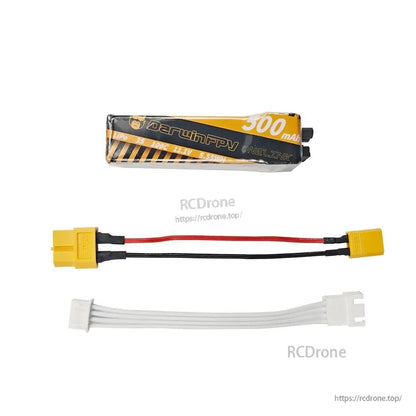 Battery with included yellow power lead adapter and white balance lead extension cable