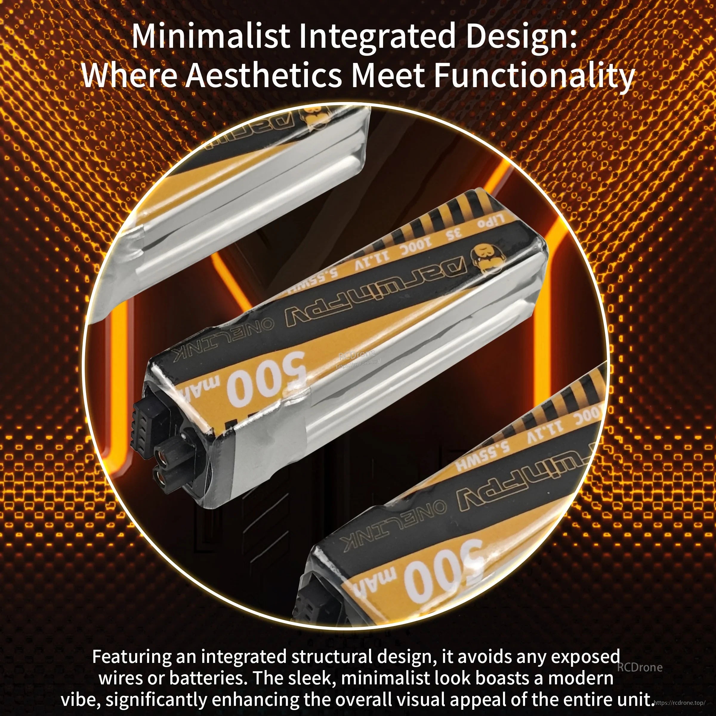DarwinFPV OneLink 3S 500mAh LiPo Battery with integrated minimalist structure and protected wiring layout