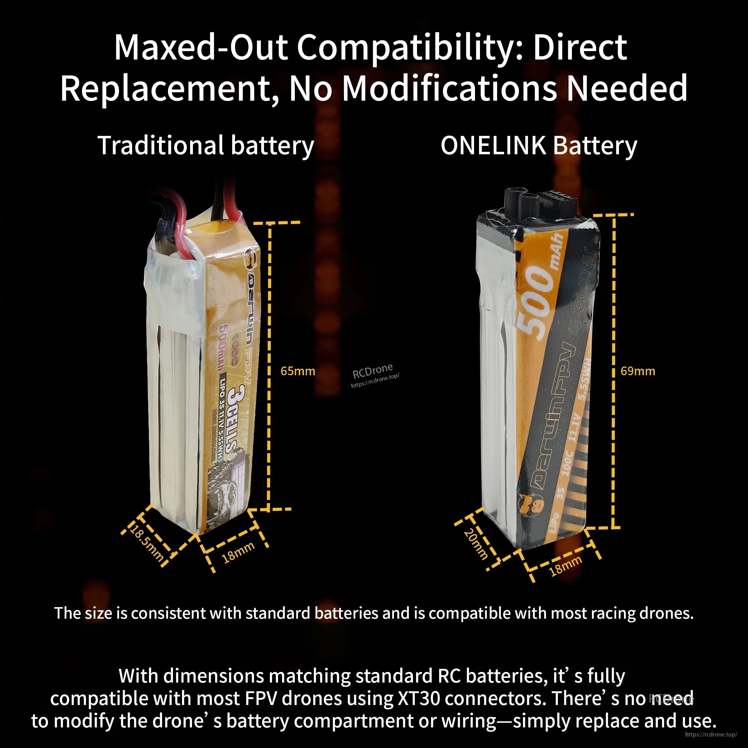 Size comparison for OneLink 3S 500mAh pack highlighting direct-replacement dimensions for many XT30 FPV drones