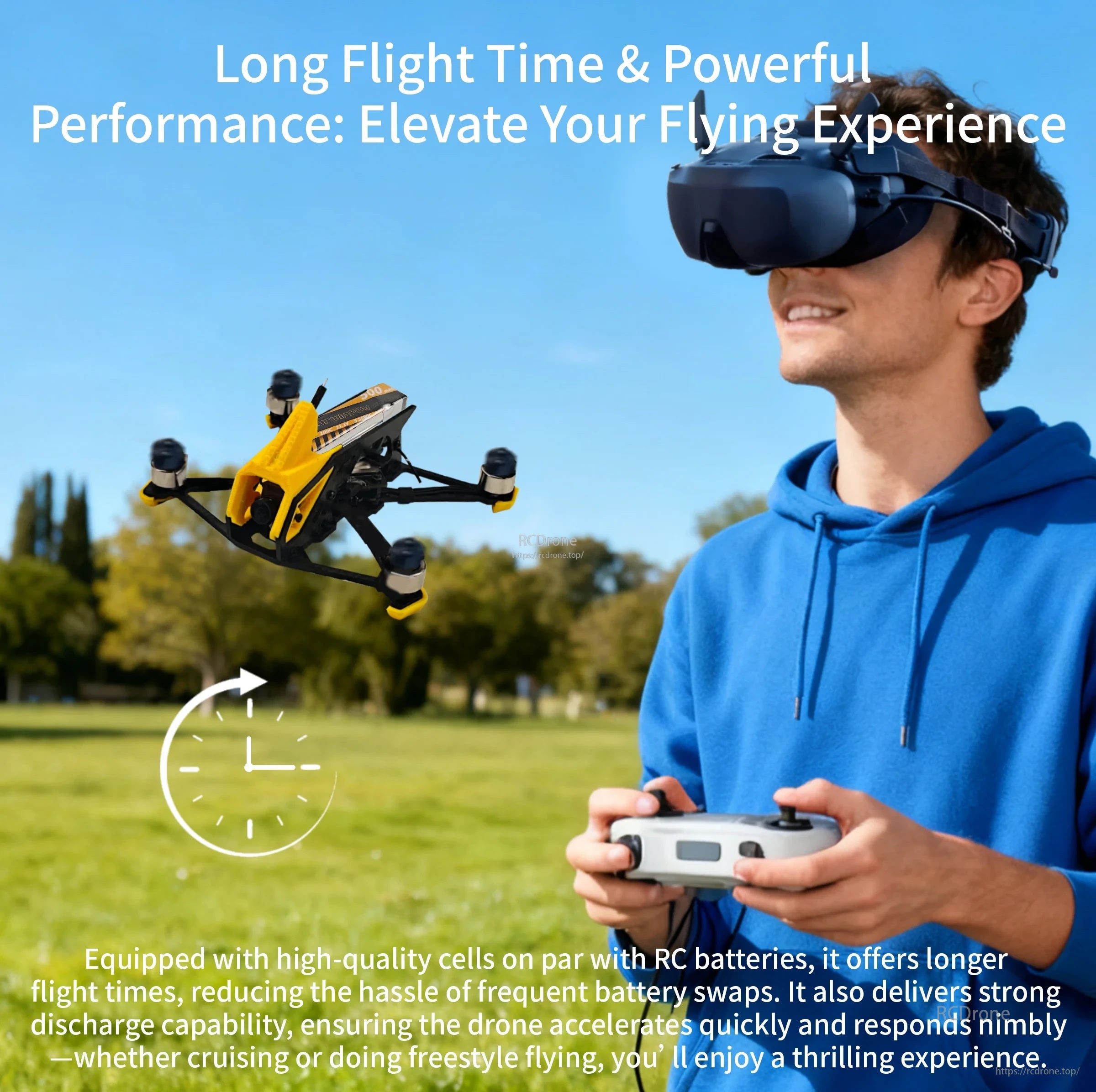 FPV freestyle flight lifestyle graphic highlighting long flight time and strong performance claims for the battery