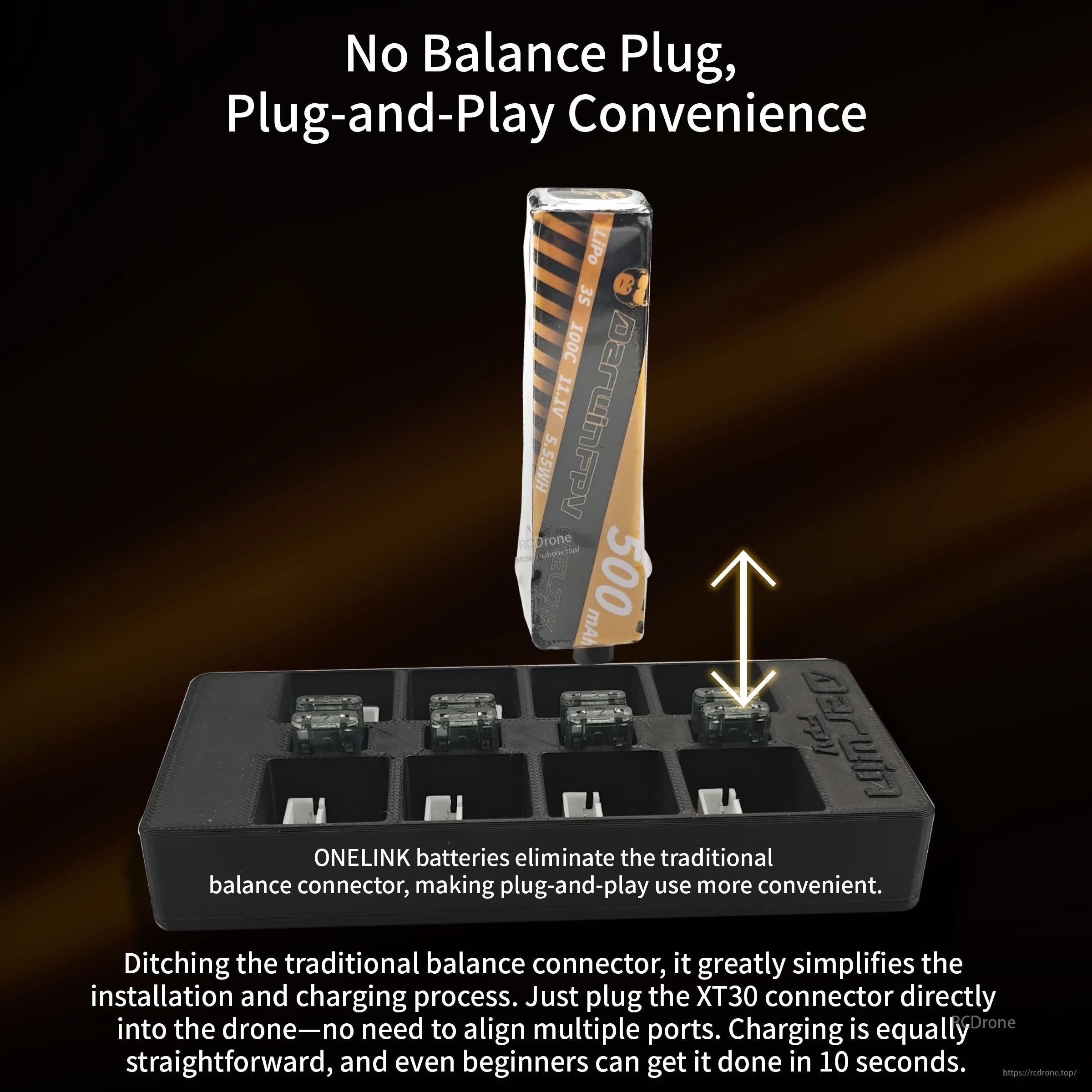 OneLink battery plug-and-play mounting concept without a separate external balance plug, using XT30 lead