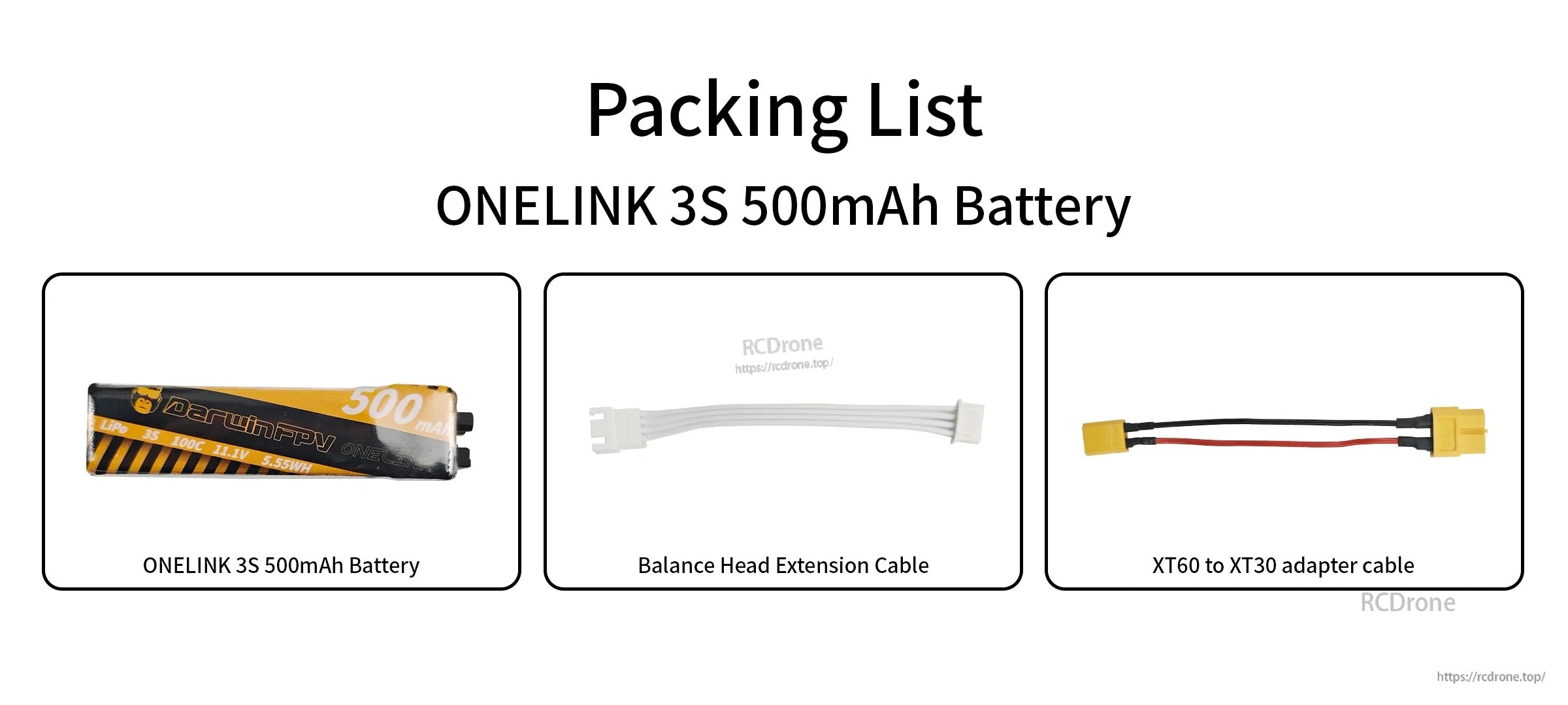 Packing list showing OneLink 3S 500mAh battery, balance head extension cable, and XT60 to XT30 adapter cable
