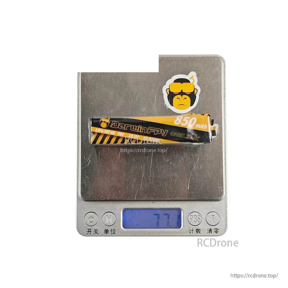 850mAh OneLink LiPo battery on digital scale with display reading about 77.7 g