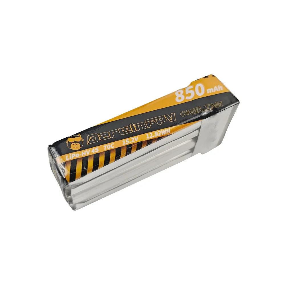 DarwinFPV OneLink 4S 850mAh LiPo-HV battery, angled view showing 70C label and 15.2V marking