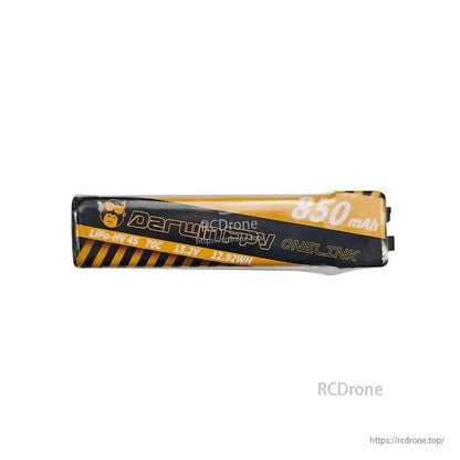 Side profile of OneLink 850mAh 4S LiPo-HV pack showing DarwinFPV branding and 12.92Wh print