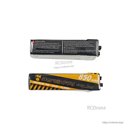 DarwinFPV OneLink battery front and back views showing caution text and 850mAh label
