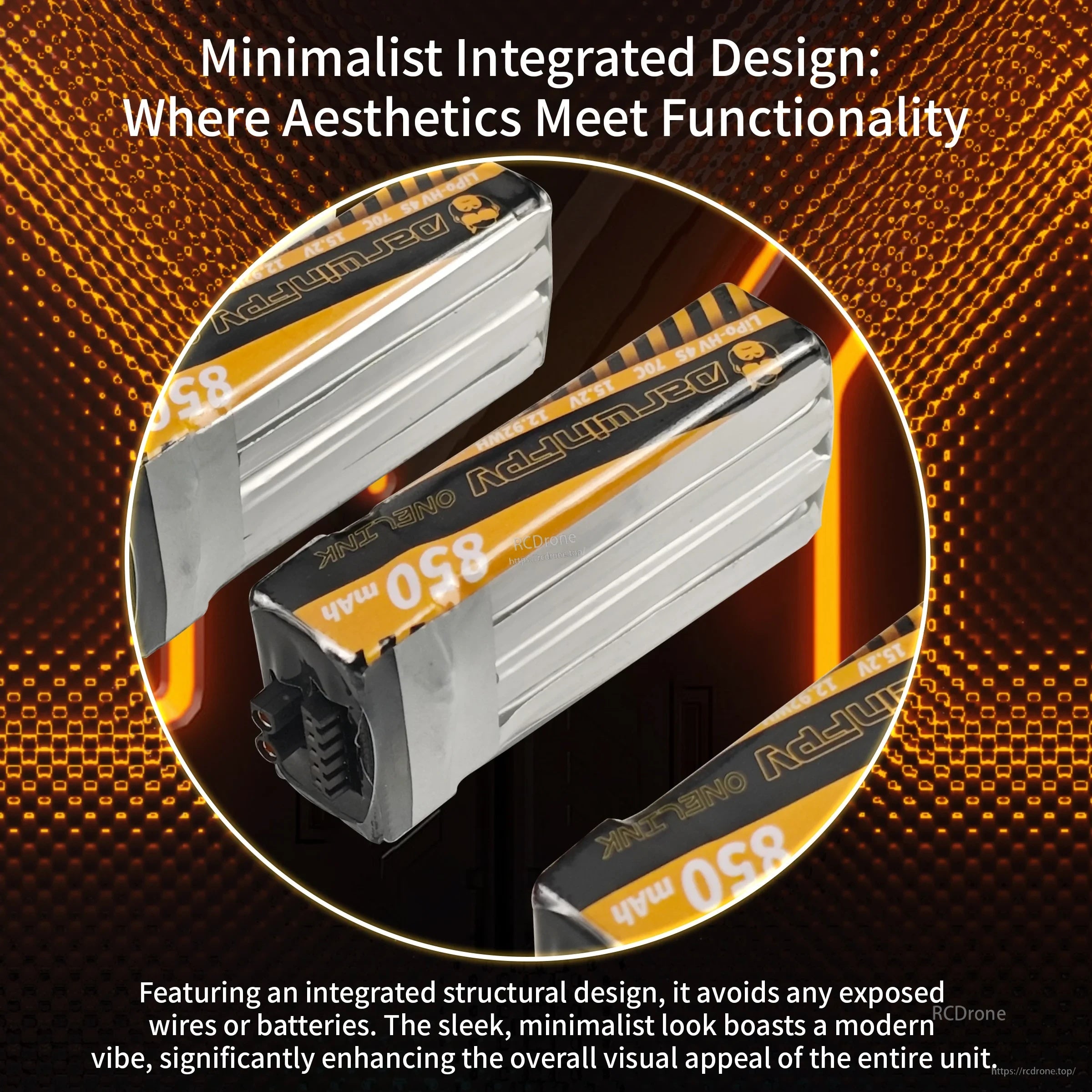 DarwinFPV OneLink 4S 850mAh LiPo-HV battery with integrated enclosed lead design and XT30 connector end