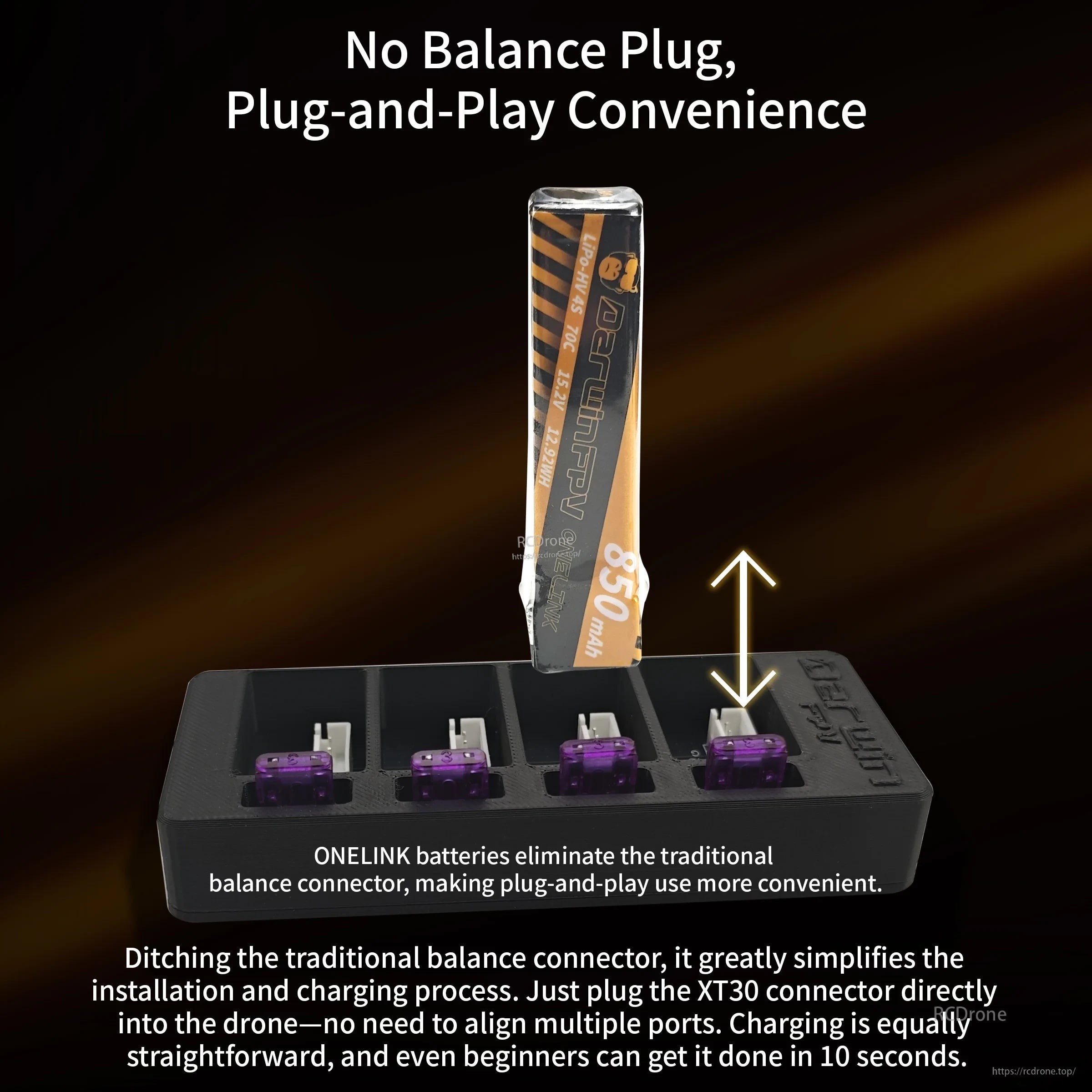 OneLink 4S 850mAh pack plugging into a charger bay, highlighting simplified plug-and-play charging setup