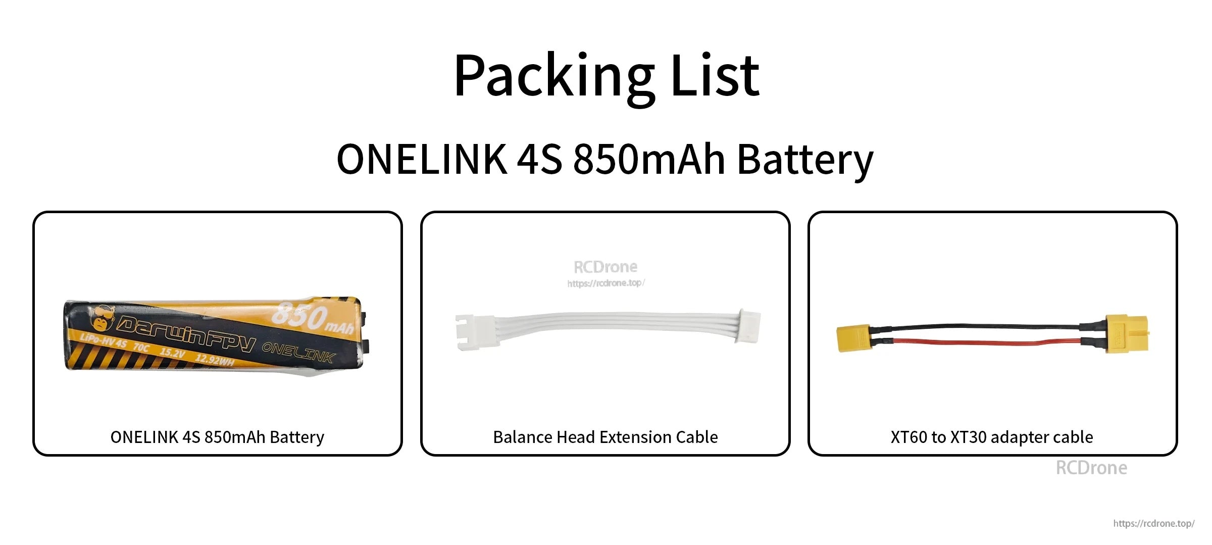 Packing list: OneLink 4S 850mAh battery, XH-JST 5P balance head extension cable, and XT60 to XT30 adapter cable