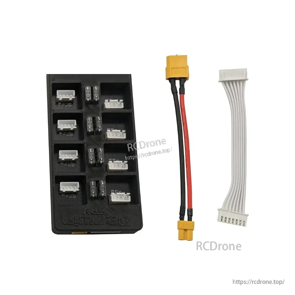 Parallel charging board with included XT60 pigtail and balance adapter cable shown side by side