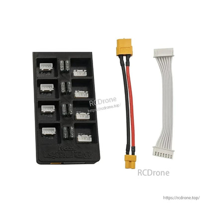 Parallel charging board with included XT60 pigtail and balance adapter cable shown side by side