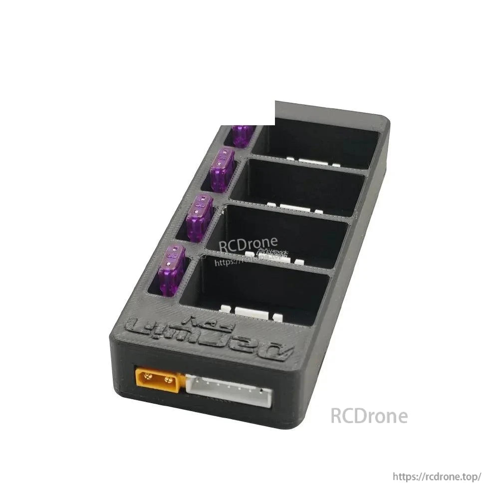 DarwinFPV OneLink parallel charger close-up of power input ports and row of purple blade fuses