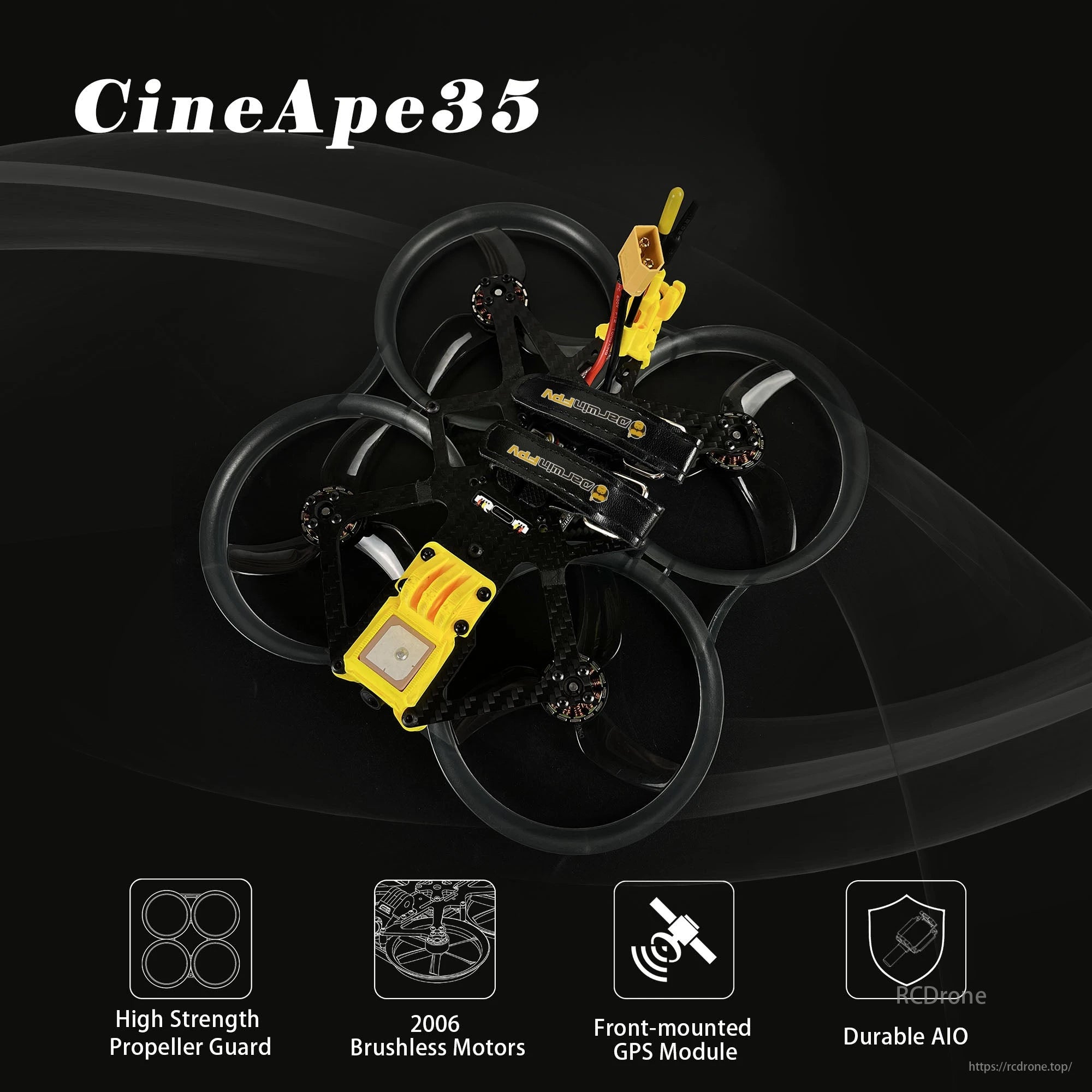 DarwinFPV, CineApe35 features propeller guard, brushless motors, GPS module, and durable AIO design for strong performance.