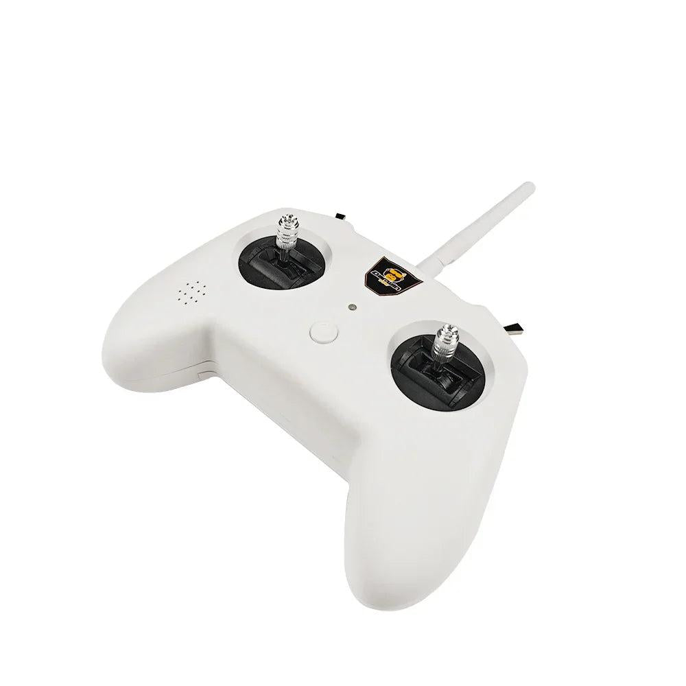 DarwinFPV TX8 ELRS 2.4GHz FPV radio transmitter in white, angled top view with antenna