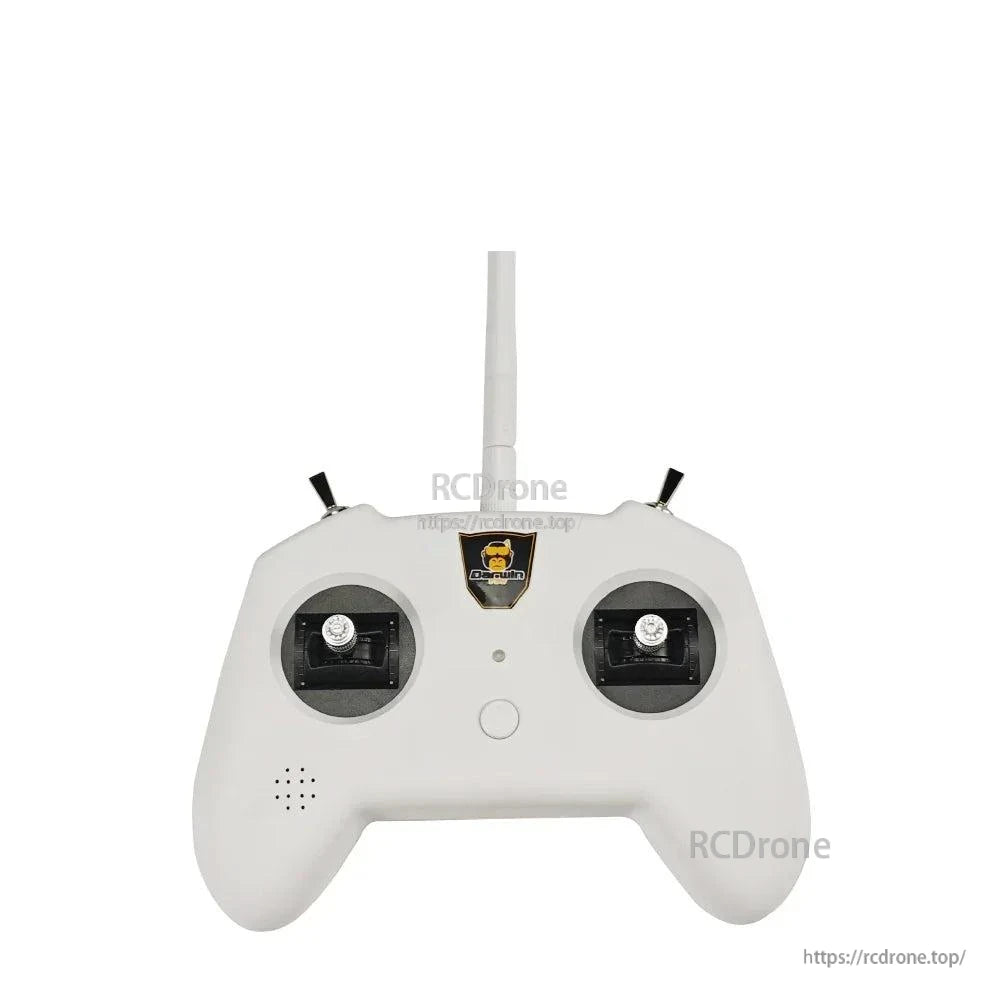 White TX8 transmitter straight-on view showing gimbal sticks, power button, and logo badge
