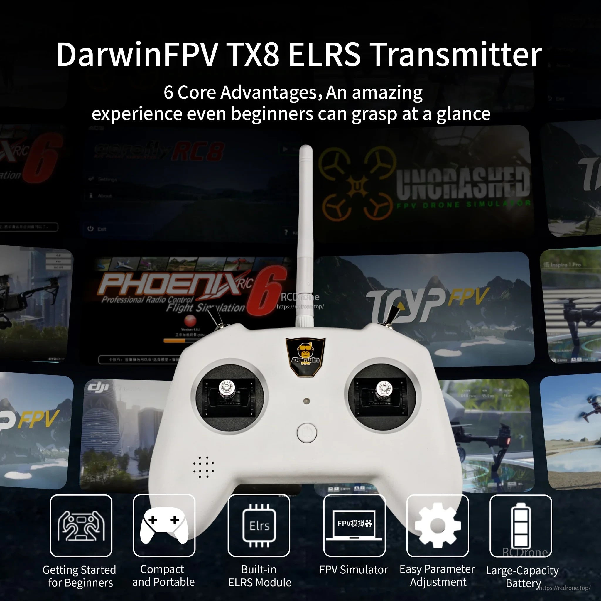 DarwinFPV TX8 ELRS radio transmitter with built-in 2.4GHz ExpressLRS module and compact white body
