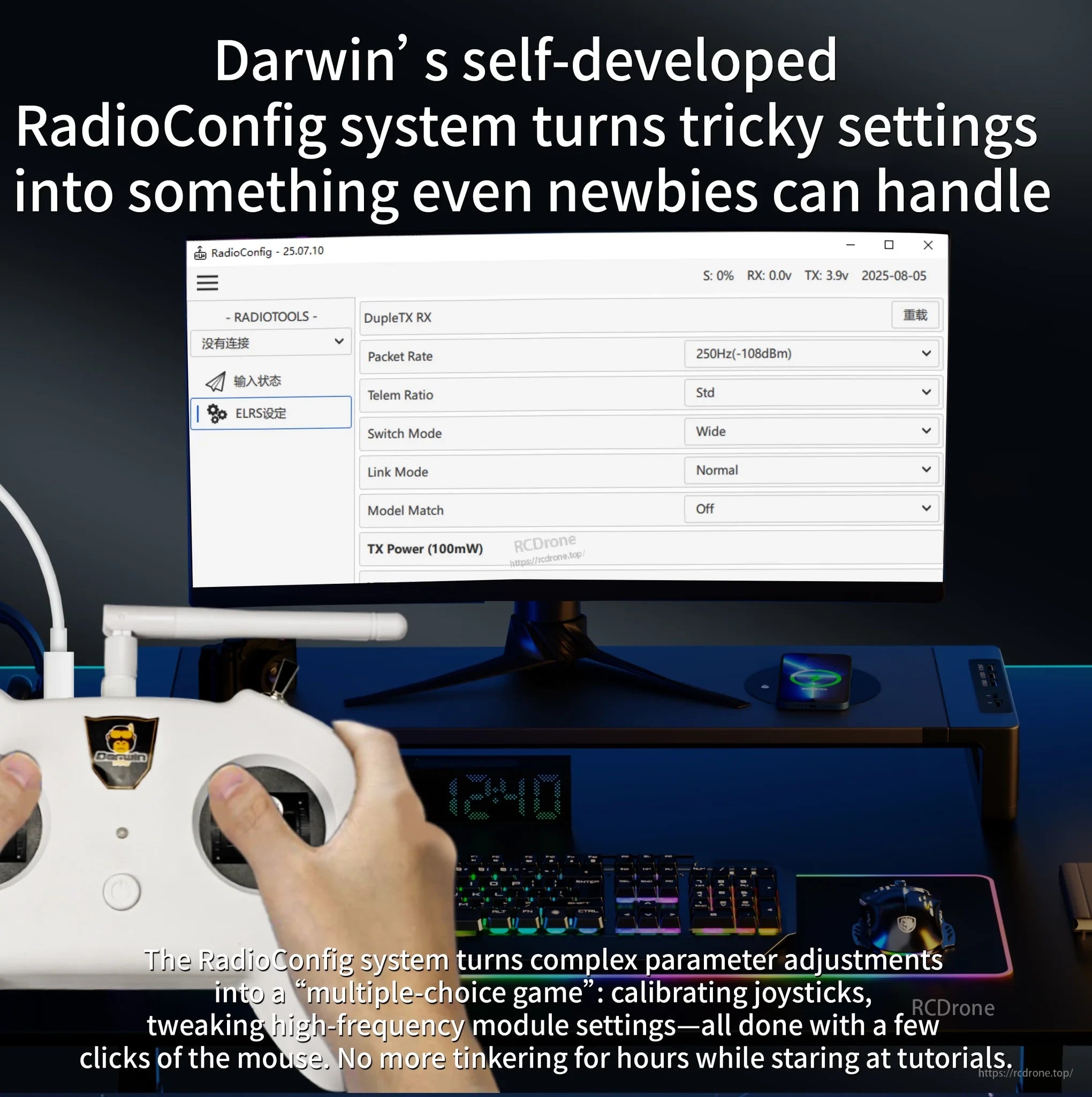 DarwinFPV RadioConfig interface on monitor showing packet rate, telemetry ratio, switch mode, and TX power settings