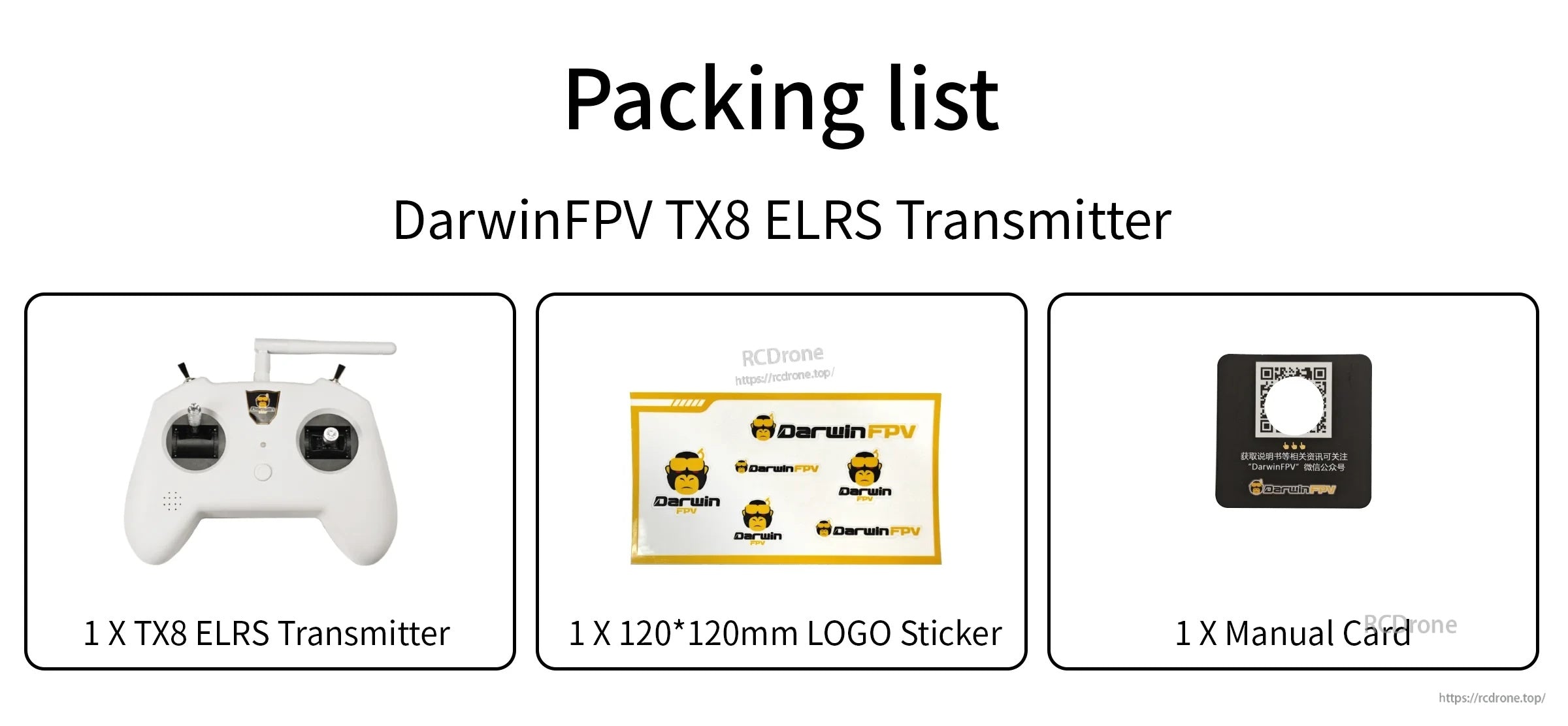 Packing list for DarwinFPV TX8 ELRS transmitter showing radio, 120×120mm logo sticker, and manual card