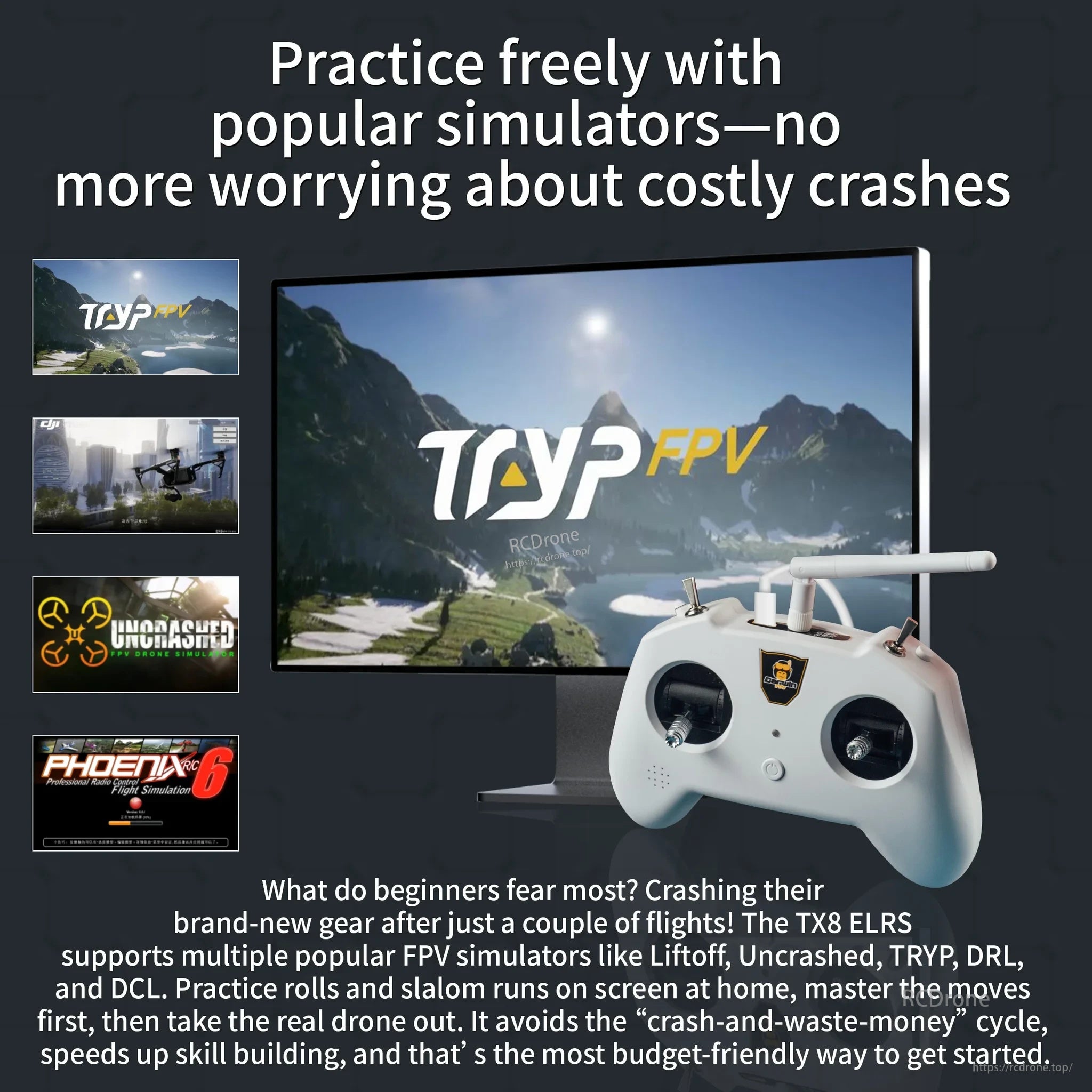DarwinFPV TX8 ELRS radio beside a computer monitor featuring TRYP FPV and other supported simulator logos