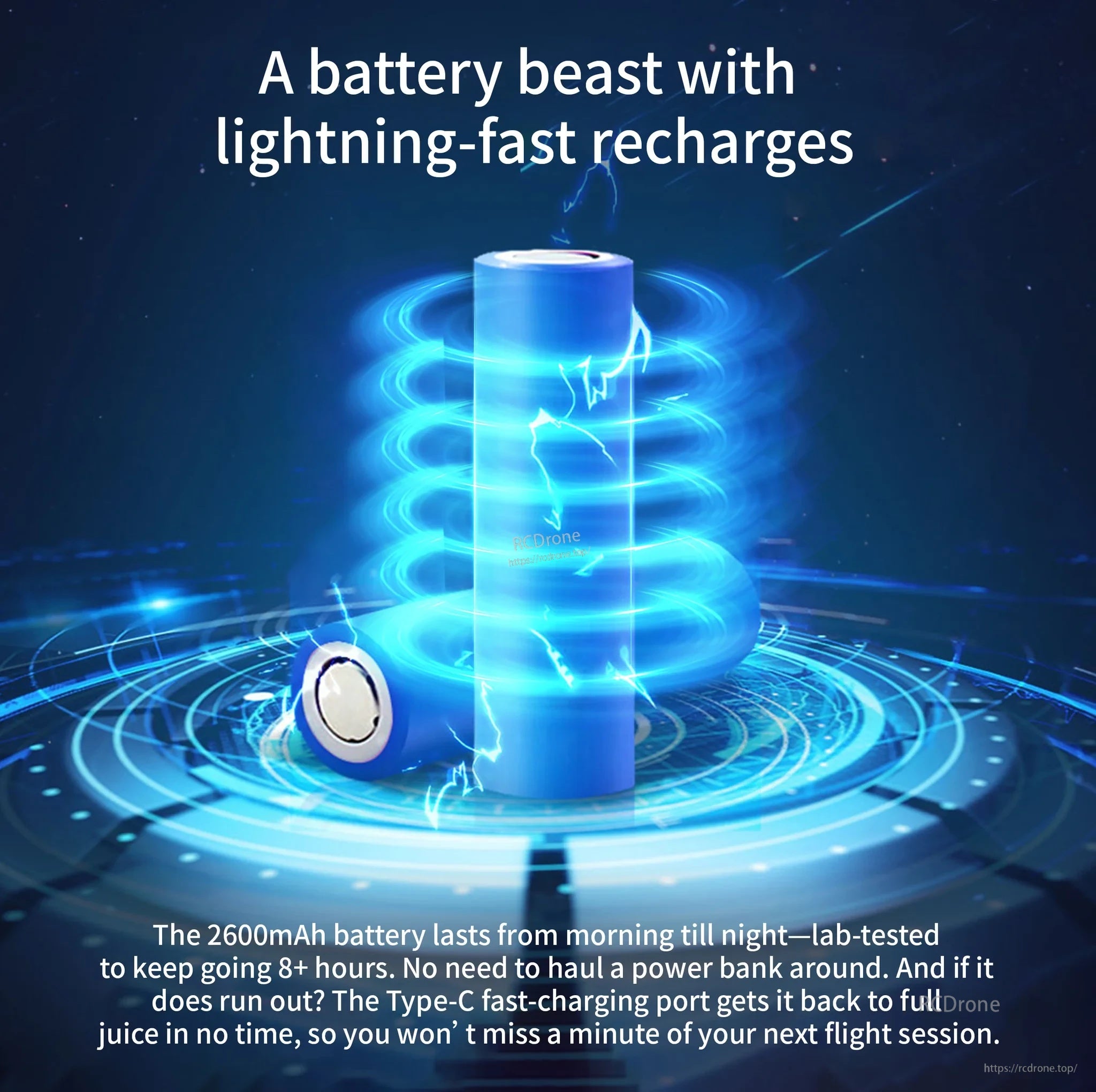 2600mAh battery and USB-C fast charging concept graphic for DarwinFPV TX8 transmitter power and runtime