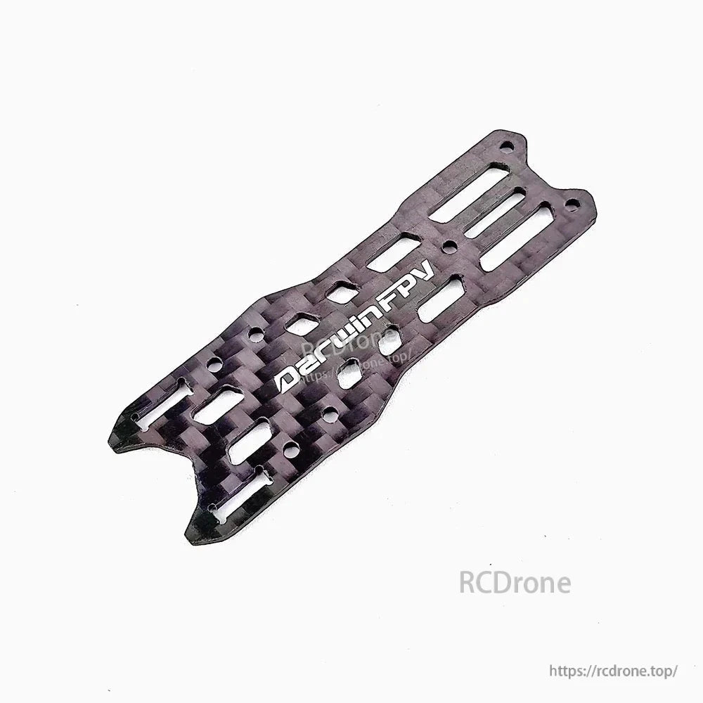 Angled view of elongated DarwinFPV carbon top plate with multiple slots and mounting holes