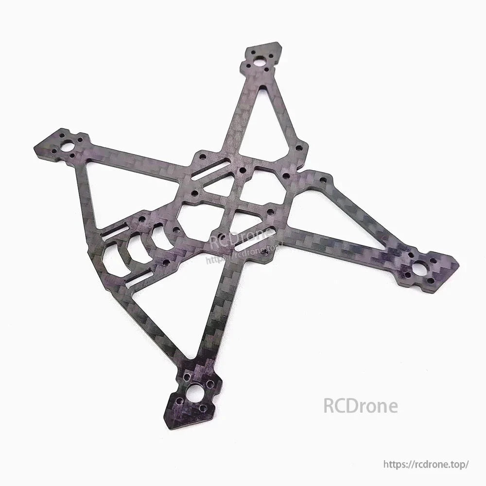 Angled view of carbon X plate showing lightweight cutouts and motor mount ends