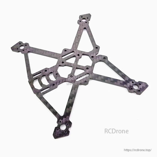 Angled view of carbon X plate showing lightweight cutouts and motor mount ends