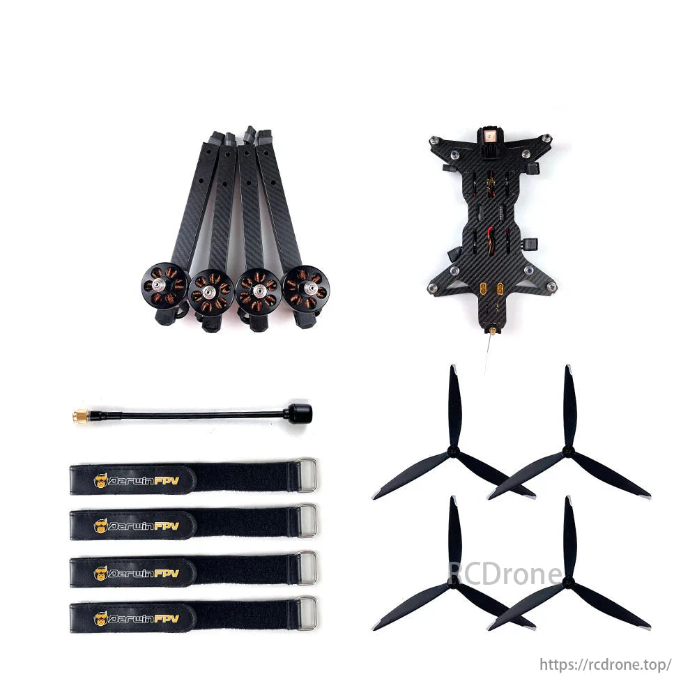 DarwinFPV Toruk13 drone parts include frame, motors, propellers, straps, and antenna for building or repairing the drone.