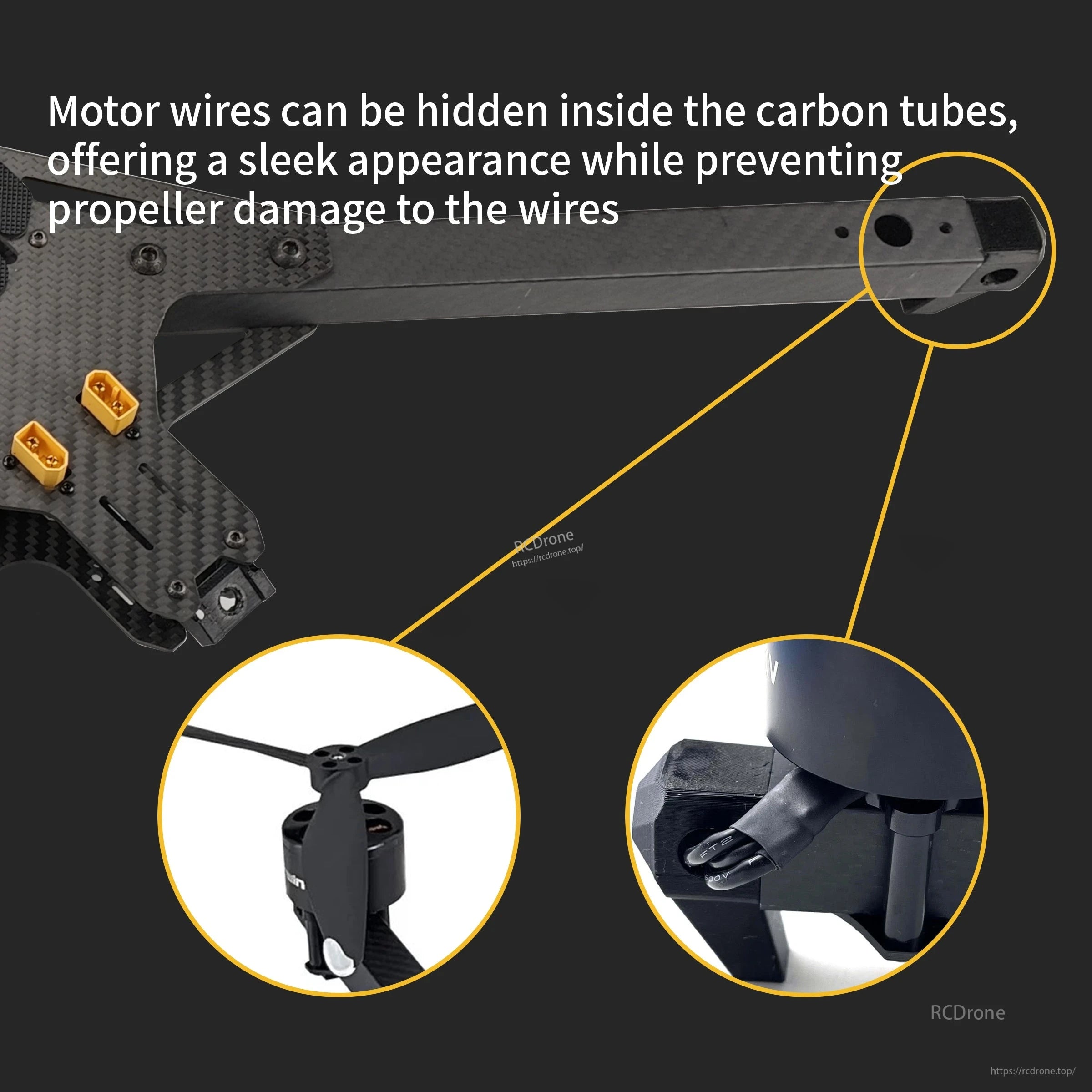 Carbon tube arm detail showing internal motor wire routing path to protect wires from prop strikes