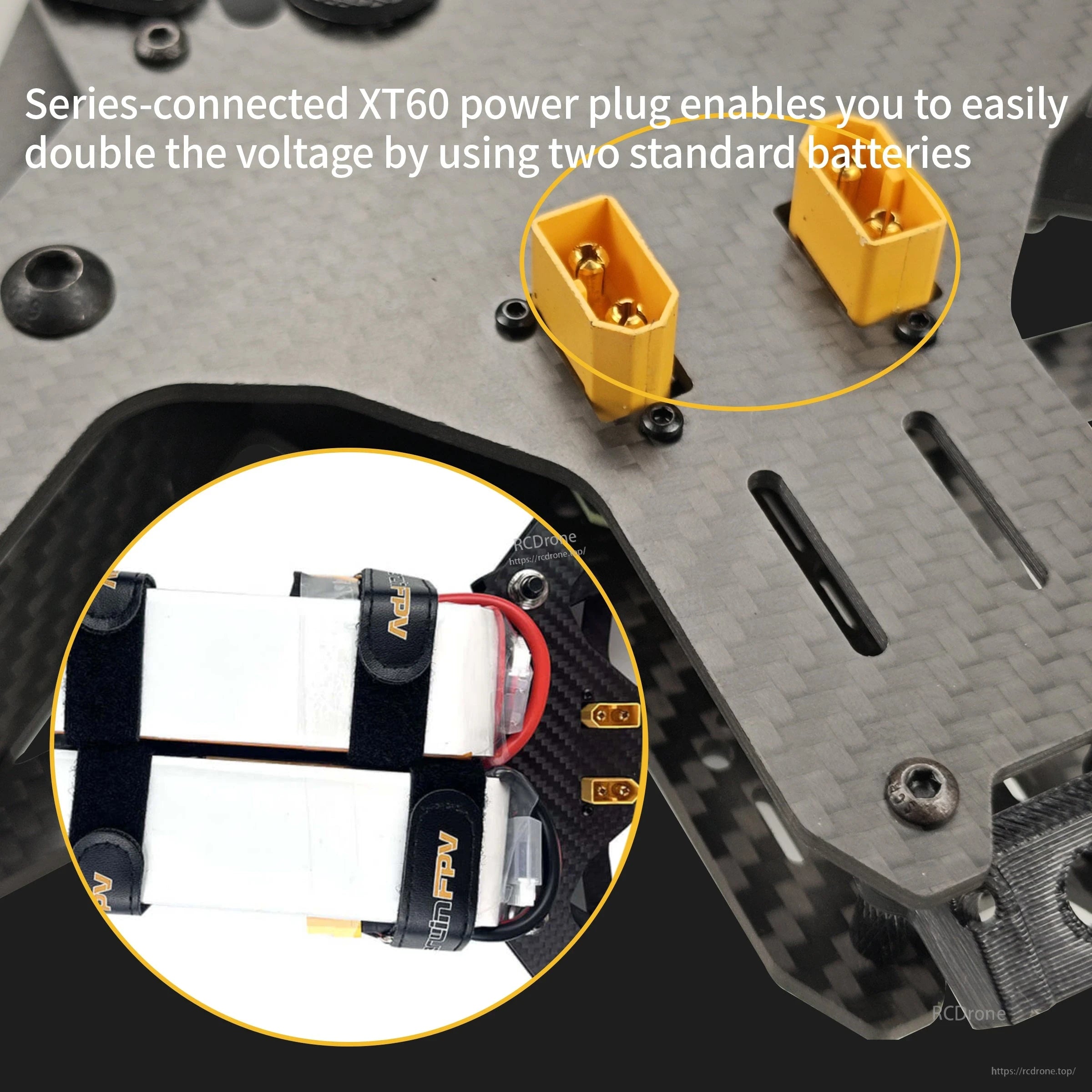 Series-connected dual XT60 connectors on Toruk15 frame for running two batteries in series (XT60 x2)