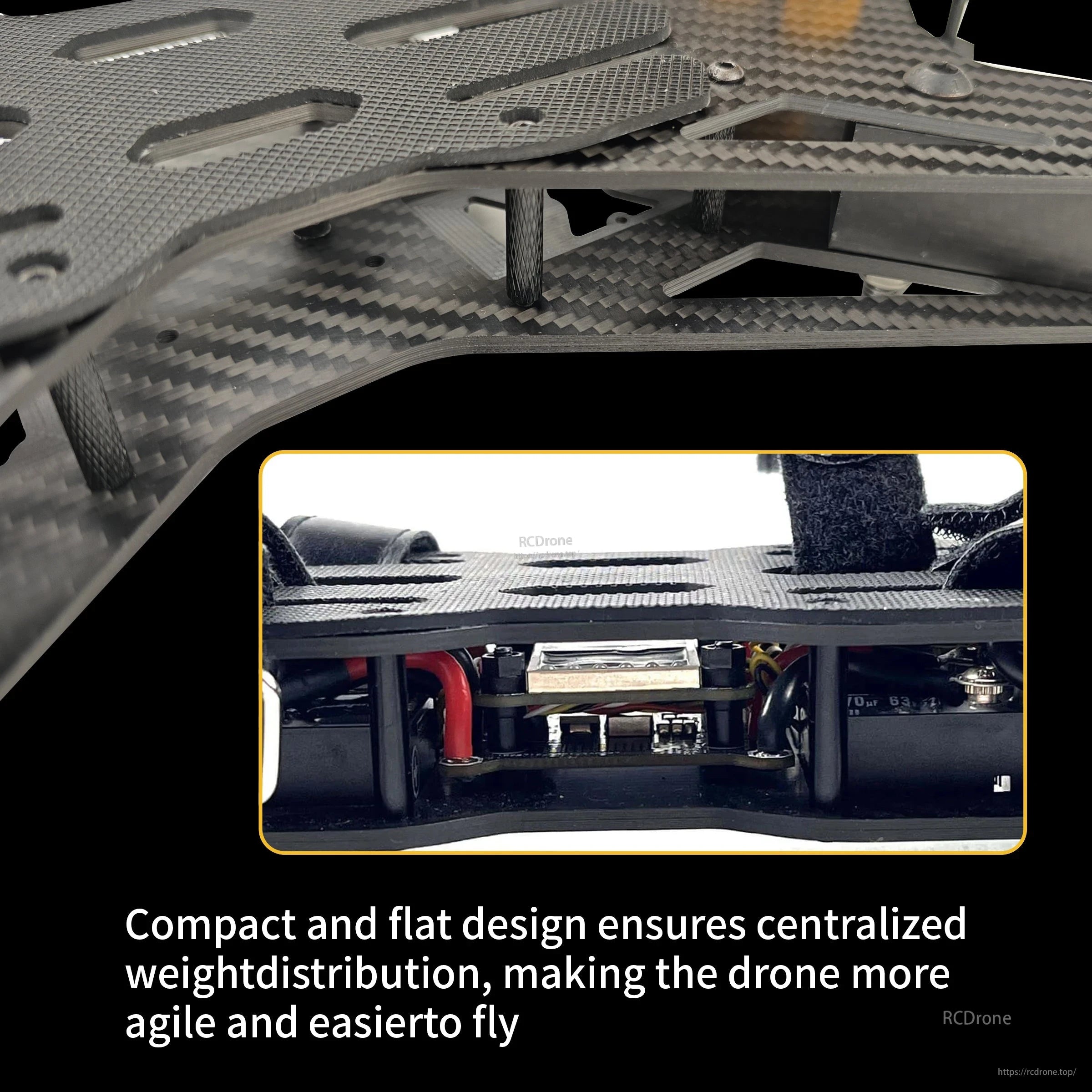 Low-profile carbon plate stack on Toruk15 frame for centralized weight distribution and compact electronics layout
