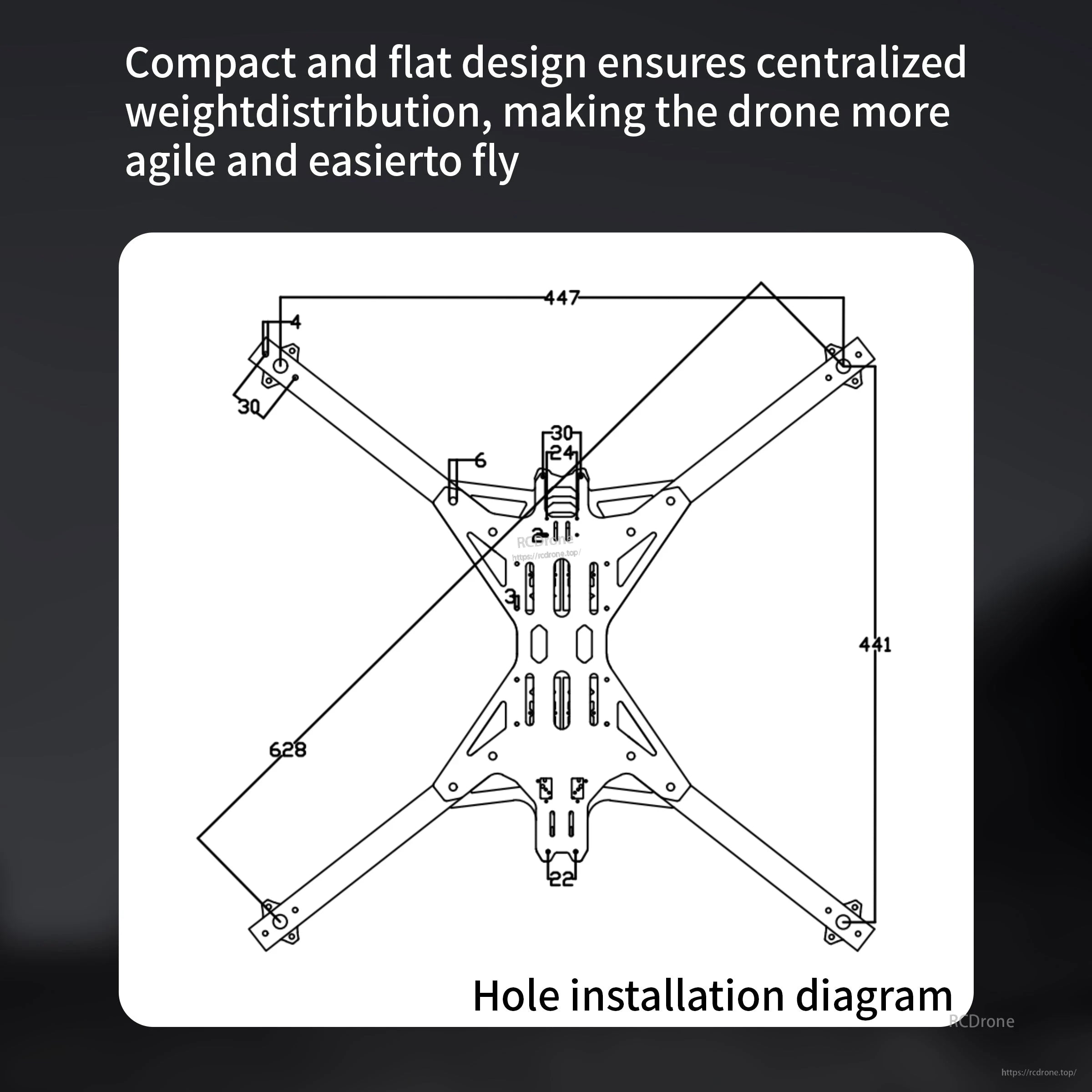 DarwinFPV Toruk15 frame hole installation diagram for mounting patterns and overall arm layout