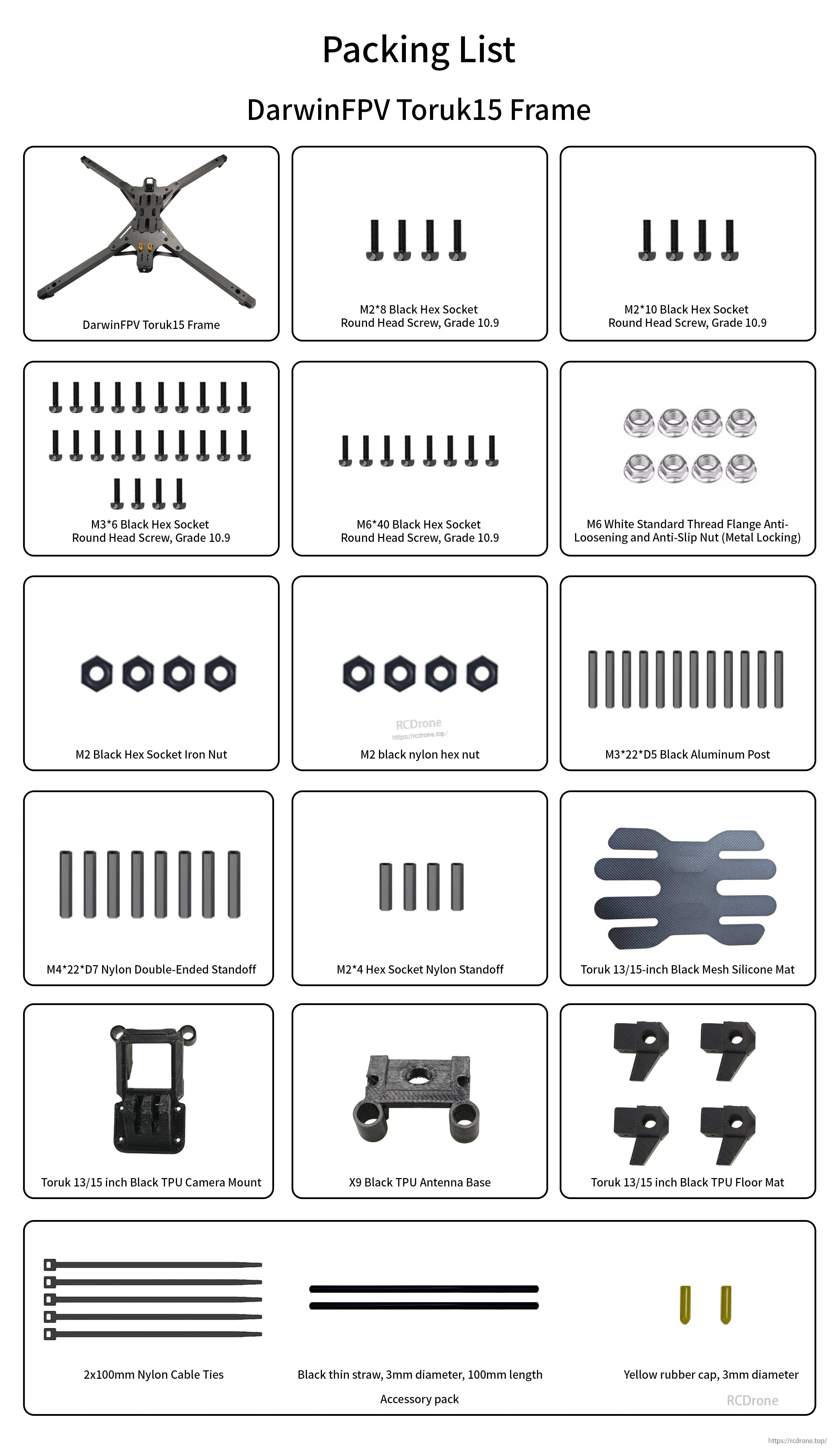 DarwinFPV Toruk15 packing list showing included screws, standoffs, TPU mounts, and silicone battery mat