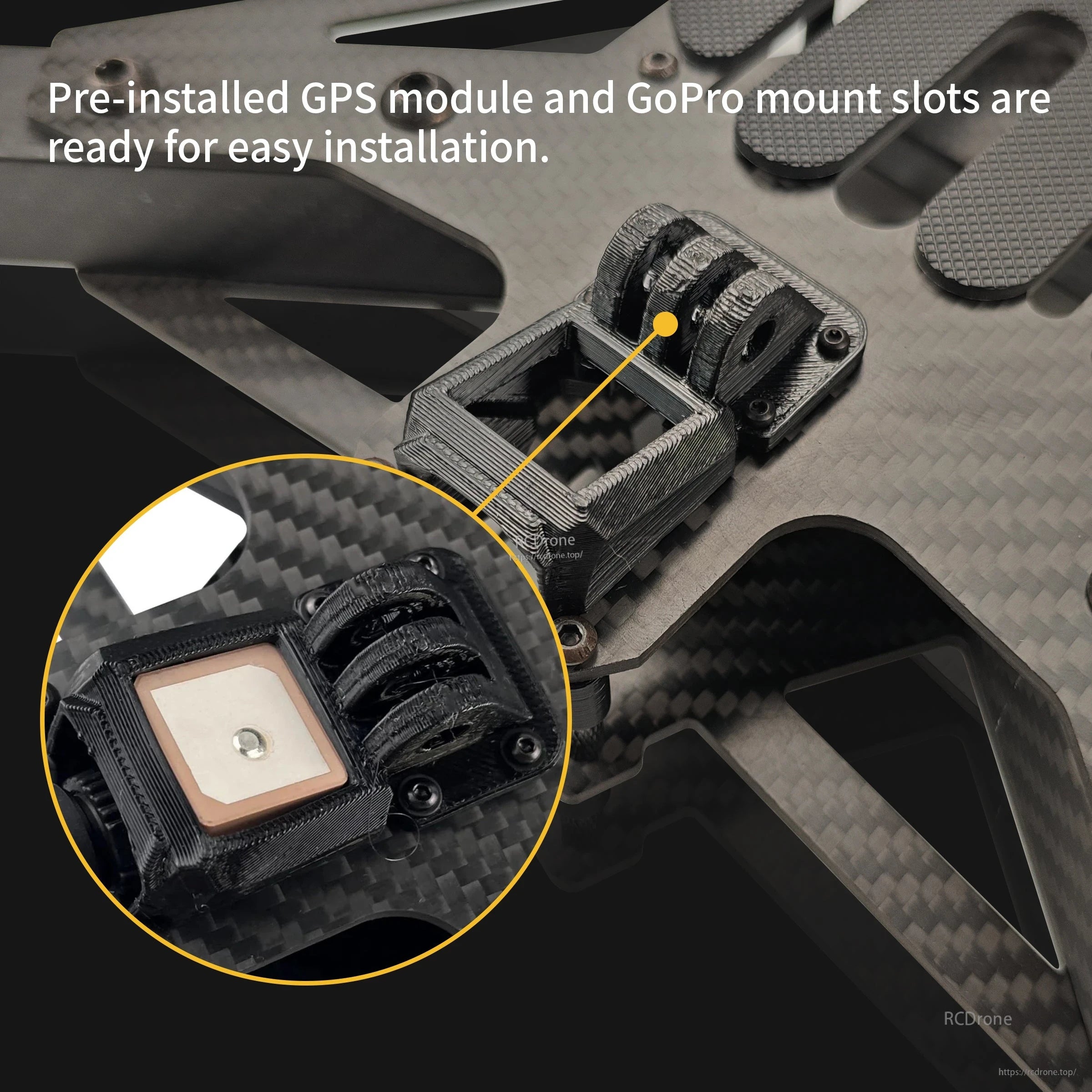 Top plate accessory mounts with GPS module bay and GoPro mount slots on DarwinFPV Toruk15 frame