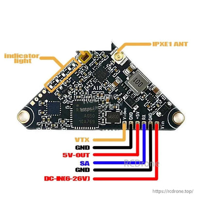 VT5804 VTX wiring diagram with labeled pads: VTX, GND, 5V-OUT, SA, DC-IN (6–26V) and antenna
