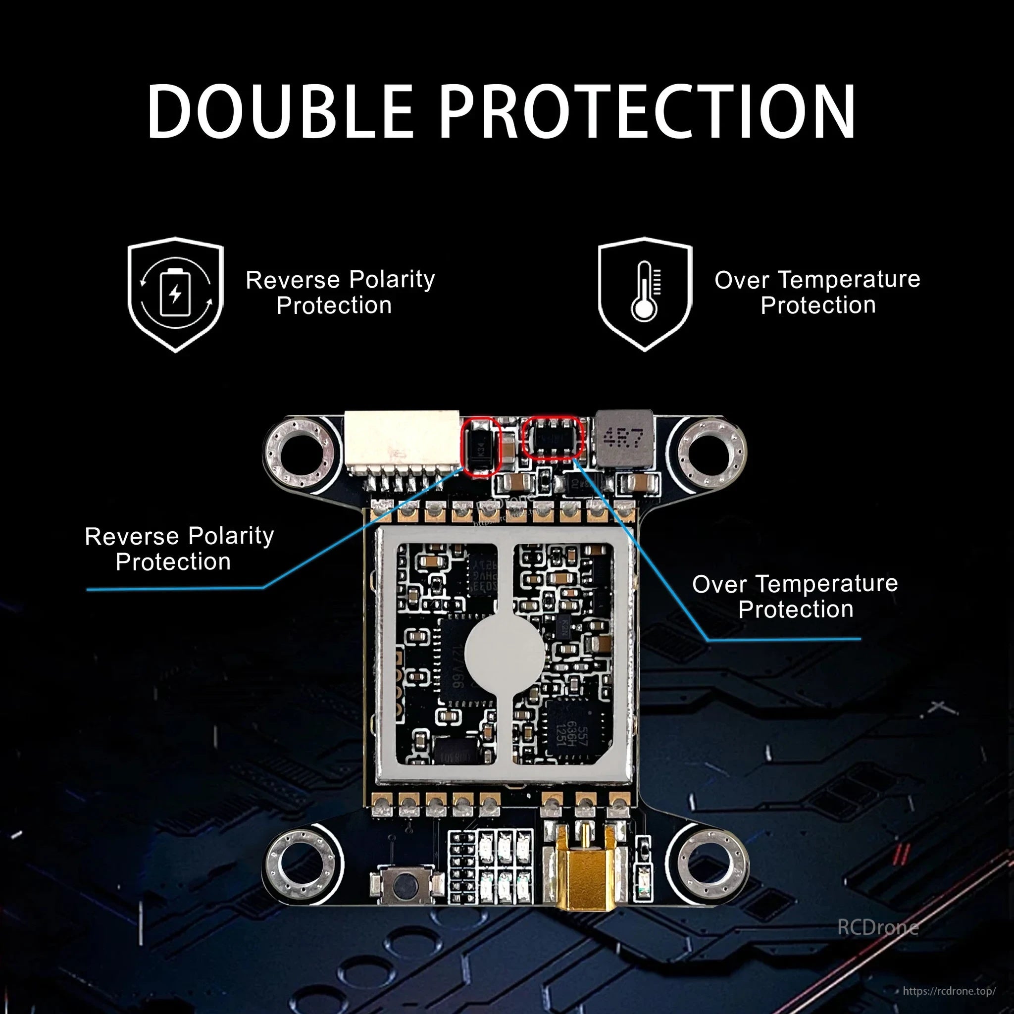 DarwinFPV VT5804 HV MAX 5.8G 40CH 1W VTX board highlighting reverse polarity and over‑temperature protection