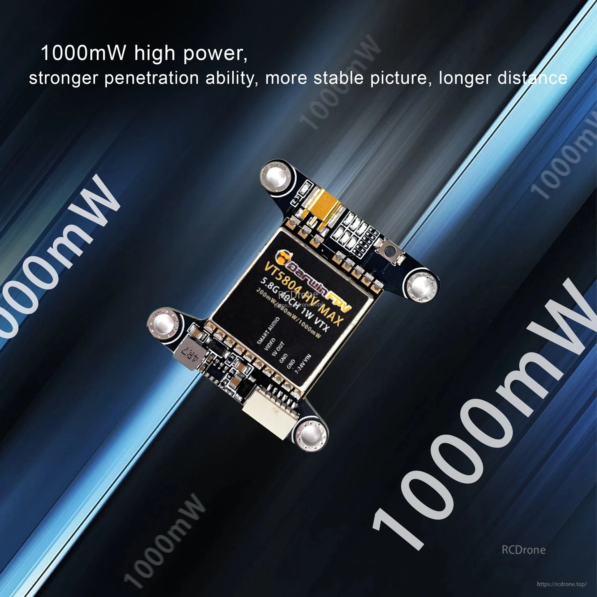 DarwinFPV VT5804 HV MAX 5.8G 1W FPV video transmitter module top view, labeled 1000mW output power