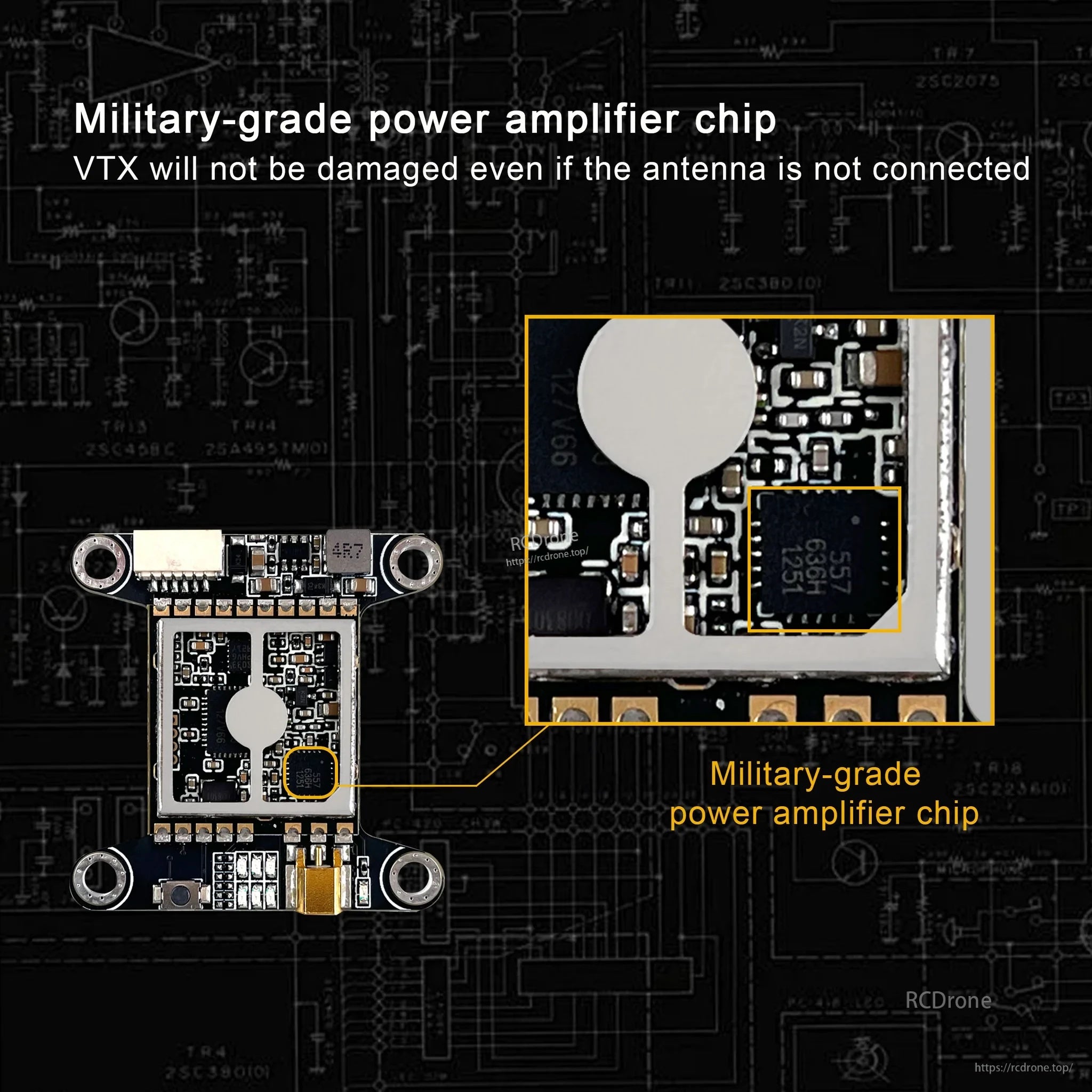 DarwinFPV VT5804 HV MAX VTX close-up of the power amplifier chip, designed to reduce damage if run without an antenna